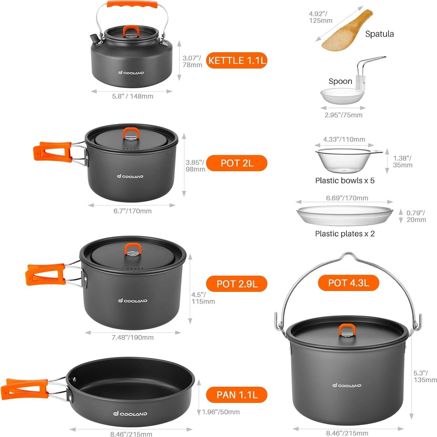 Odoland 18pcs Camping Cookware Large Size Hanging Pot Pan Kettle Set with Plastic Plates Bowls Soup Spoon for Camping, Backpacking, Outdoor Cooking and Picnic