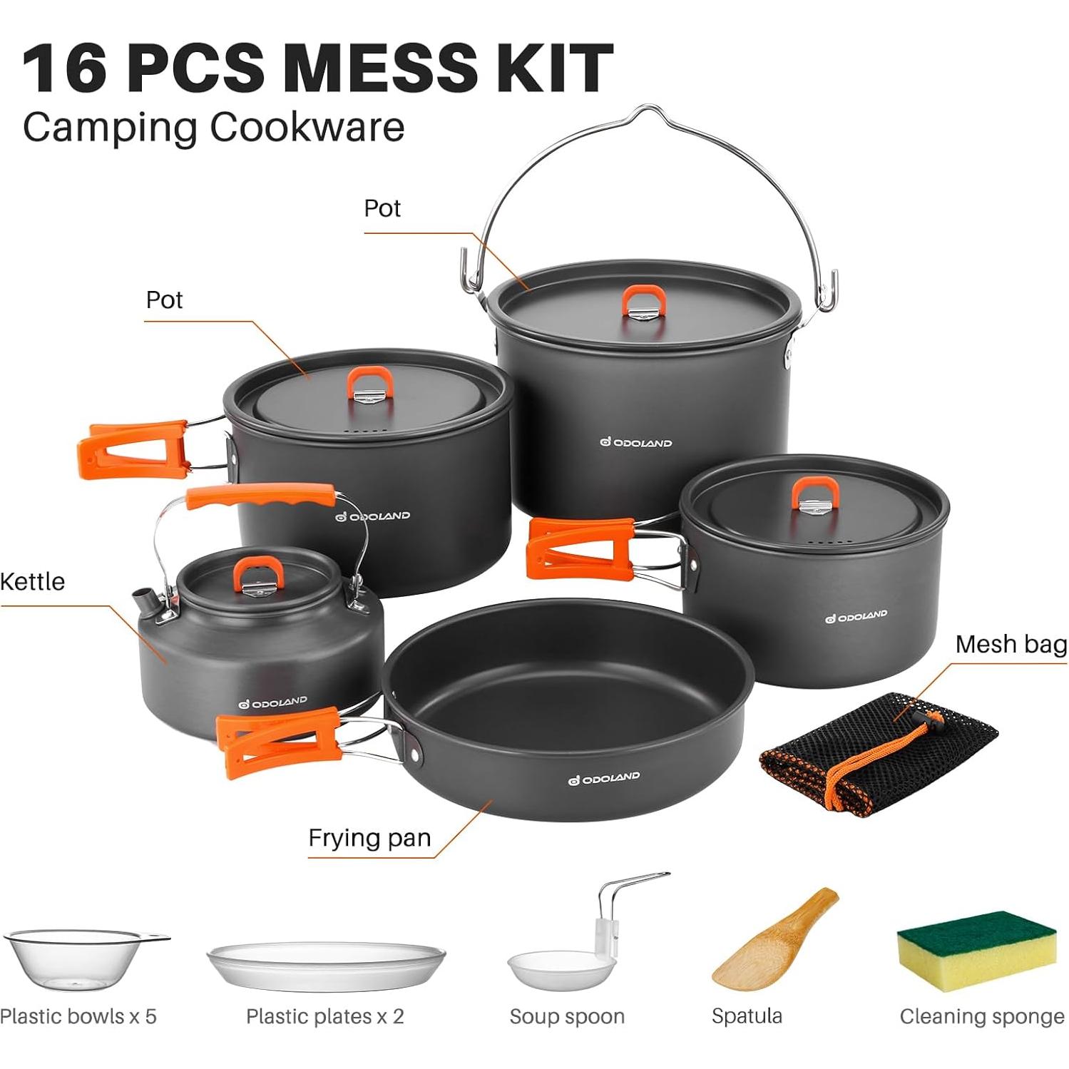Odoland 18pcs Camping Cookware Large Size Hanging Pot Pan Kettle Set with Plastic Plates Bowls Soup Spoon for Camping, Backpacking, Outdoor Cooking and Picnic