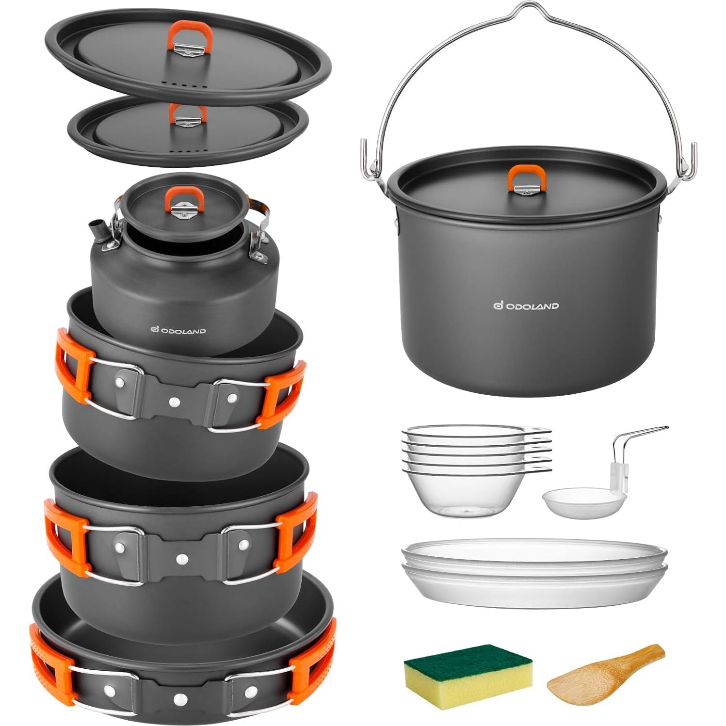 Odoland 18pcs Camping Cookware Large Size Hanging Pot Pan Kettle Set with Plastic Plates Bowls Soup Spoon for Camping, Backpacking, Outdoor Cooking and Picnic