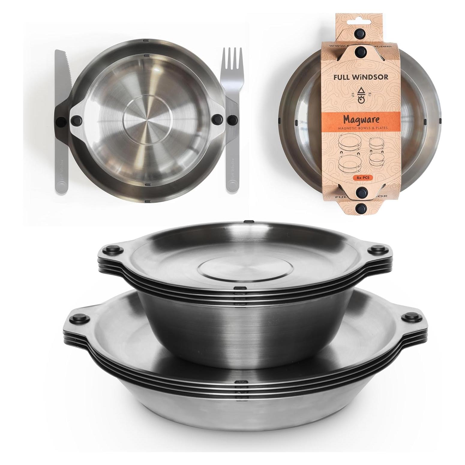 MAGWARE - Magnetic Bowls and Plates Set - Stainless Steel Travel Dinnerware for Camping, Overlanding, Backpacking, Picnic, RV, Outdoor Dining Portable Tableware Mess Kit