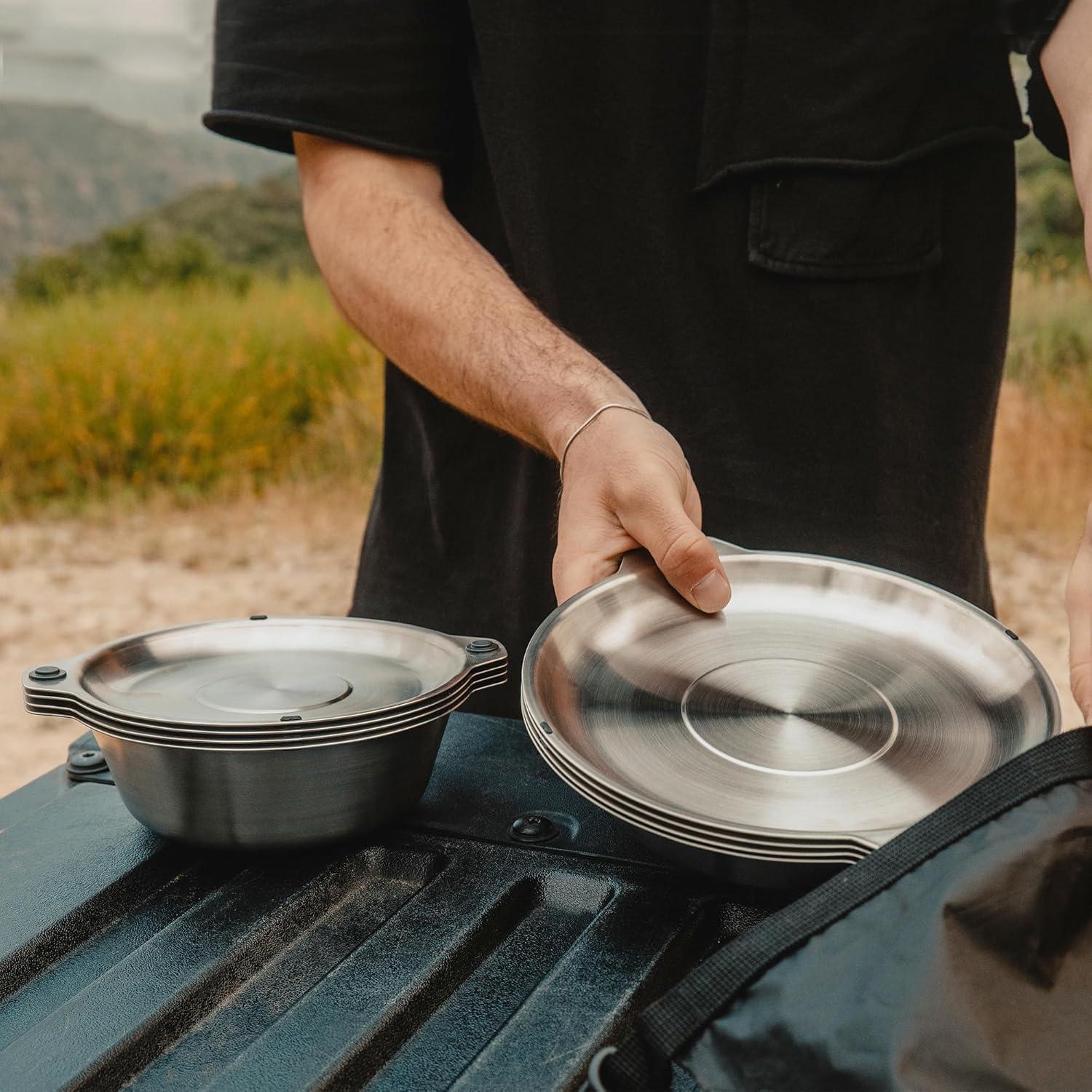 MAGWARE - Magnetic Bowls and Plates Set - Stainless Steel Travel Dinnerware for Camping, Overlanding, Backpacking, Picnic, RV, Outdoor Dining Portable Tableware Mess Kit