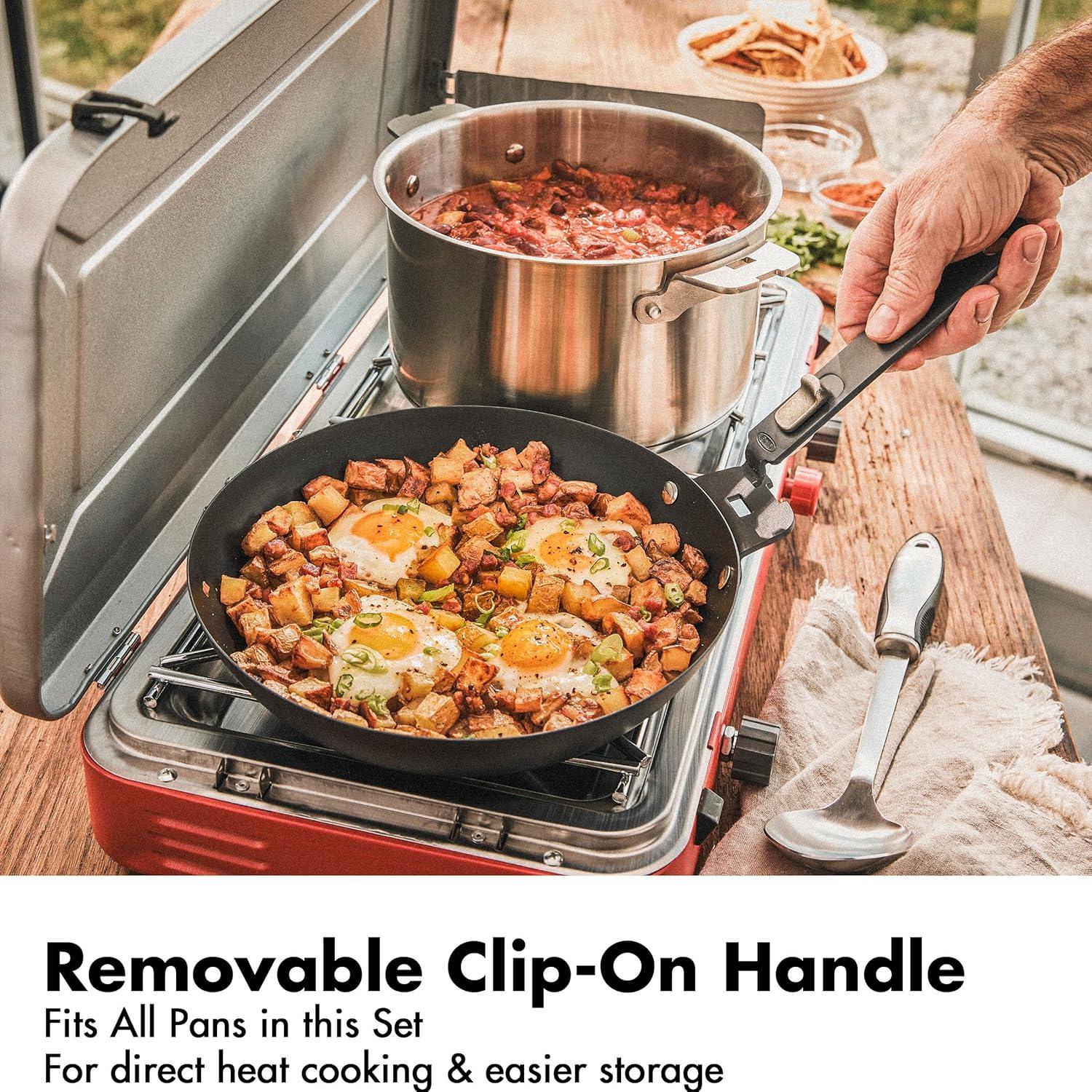 Outdoor 8 Piece Camping Cookware Set, 10" Pre-Seasoned Carbon Steel Frying Pan Skillet, 2.25QT and 5QT Stainless Steel Saucepans with Lids, Removeable Handle, Trivet, Travel Bag, Space-Saving