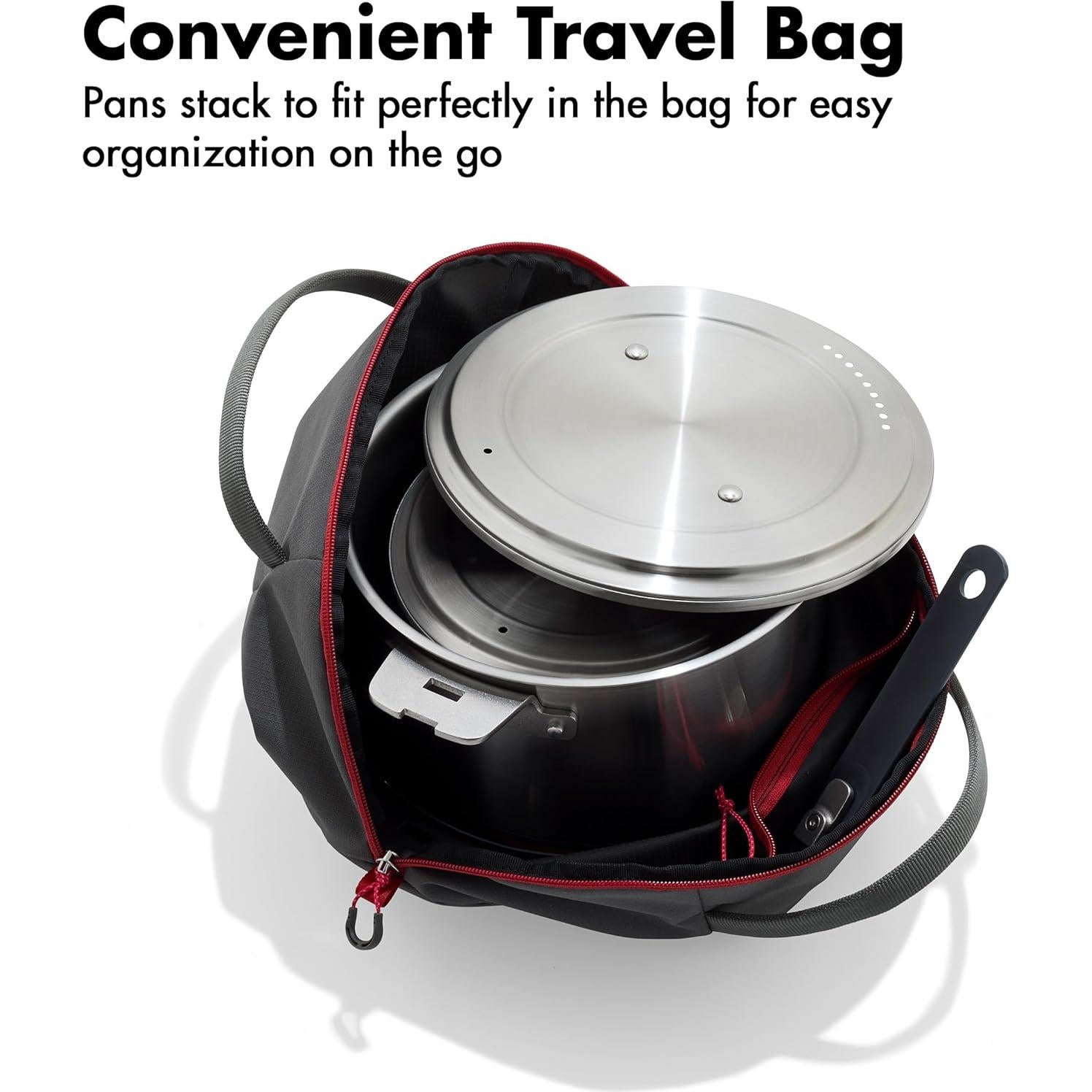 Outdoor 8 Piece Camping Cookware Set, 10" Pre-Seasoned Carbon Steel Frying Pan Skillet, 2.25QT and 5QT Stainless Steel Saucepans with Lids, Removeable Handle, Trivet, Travel Bag, Space-Saving