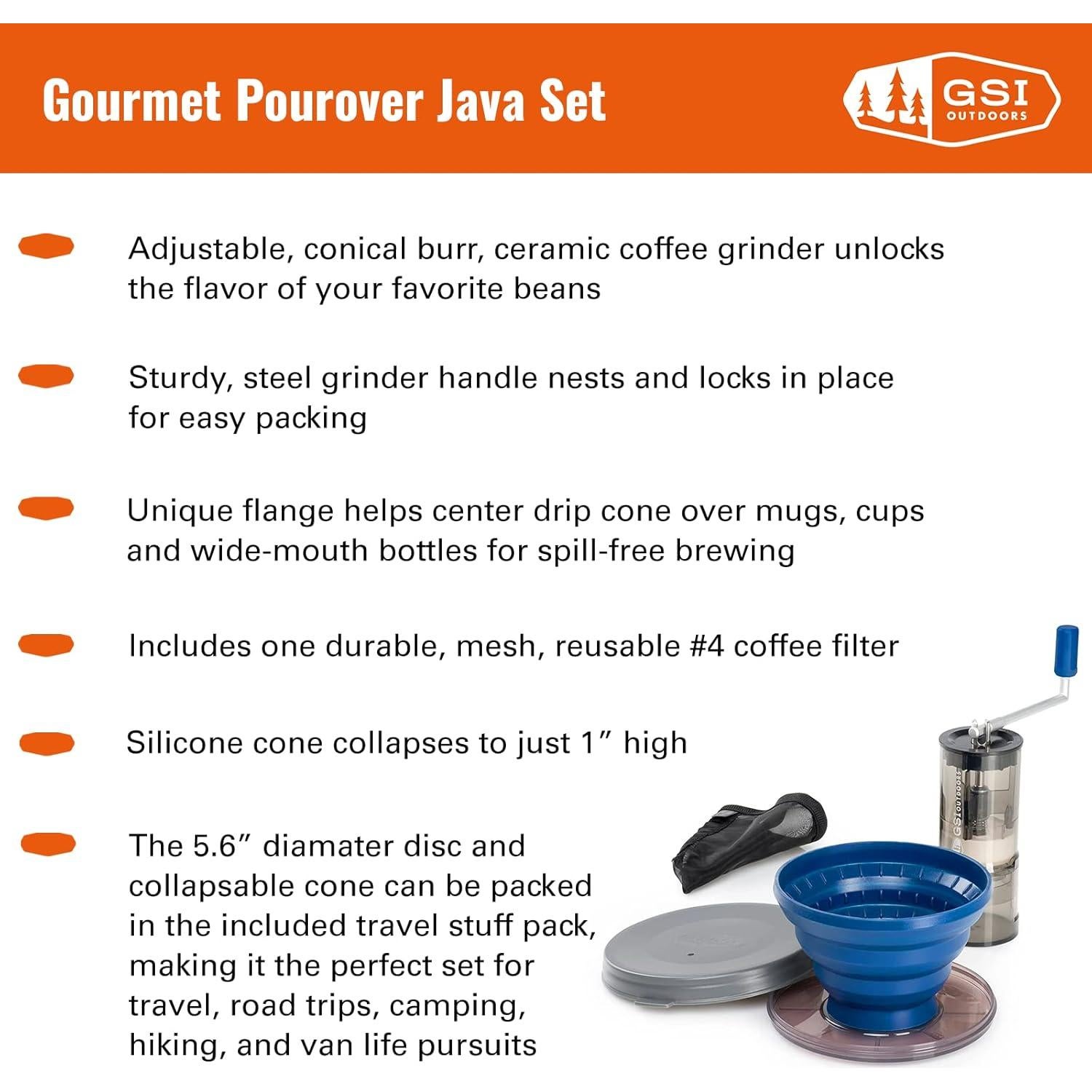 Set de Café GSI Outdoors Gourmet Pour-Over Java - Manual, Compacto