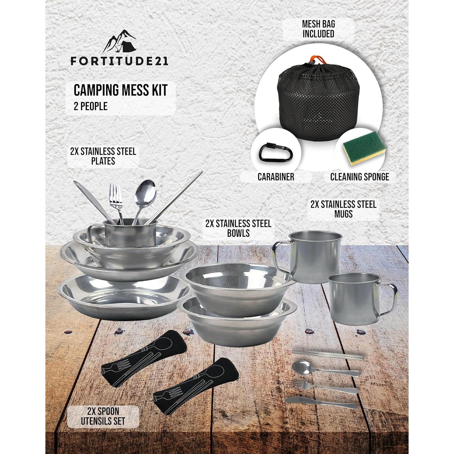 Kit de Comida de Camping FORTITUDE21 - Acero Inoxidable 15 Piezas