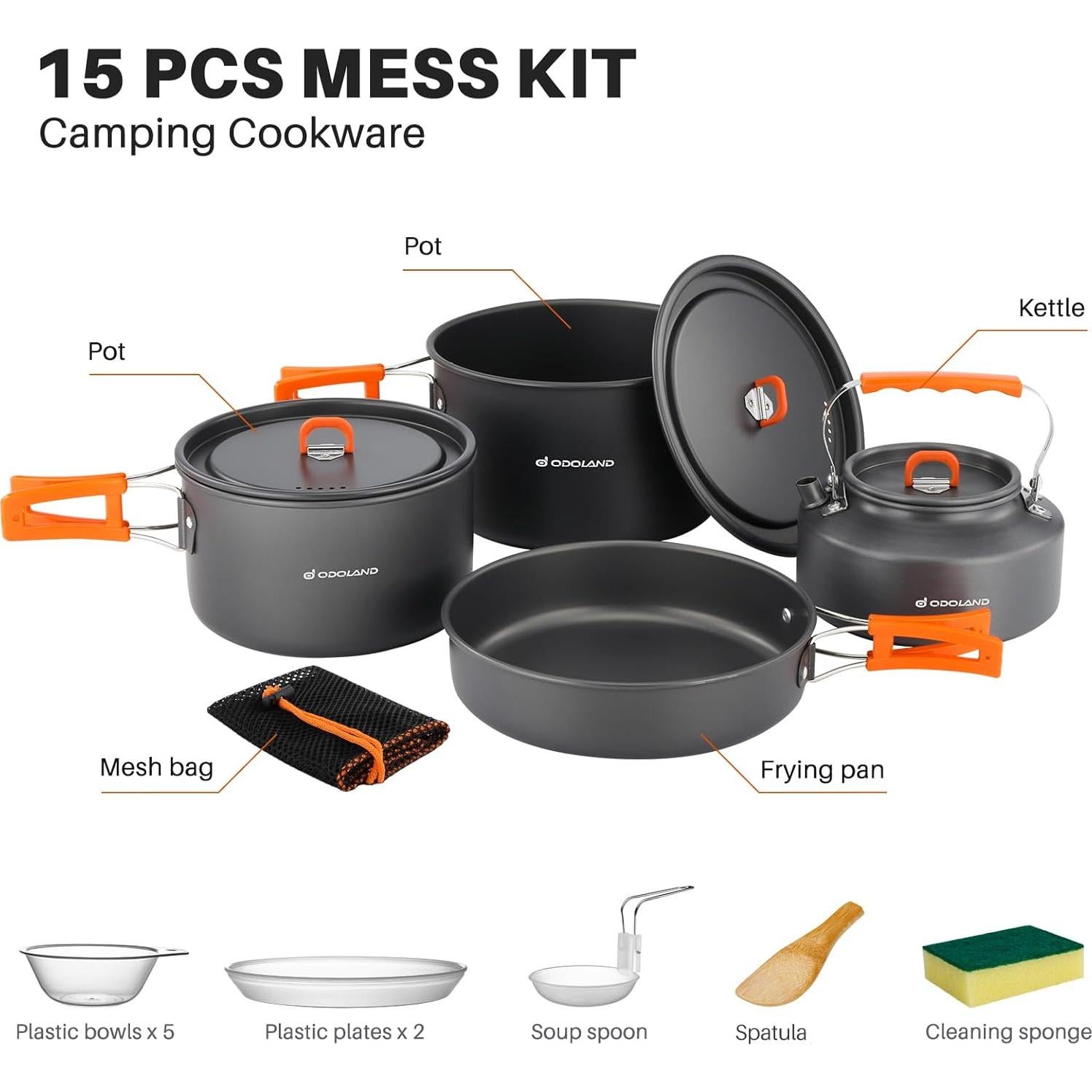 Set de Utensilios de Camping Odoland 15 Piezas Antiadherentes