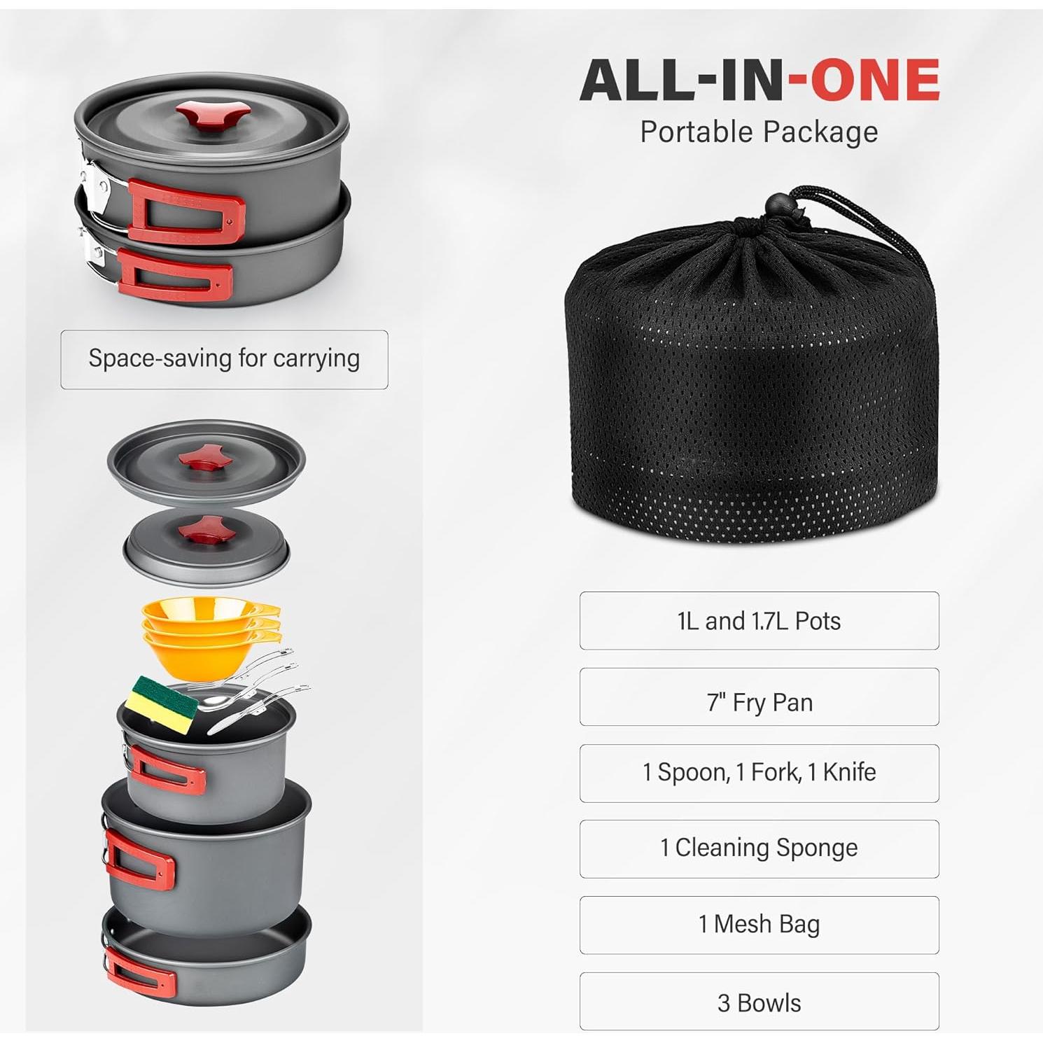 Set de Cocina para Camping Alocs 13 Piezas Aluminio 1.7L 1L