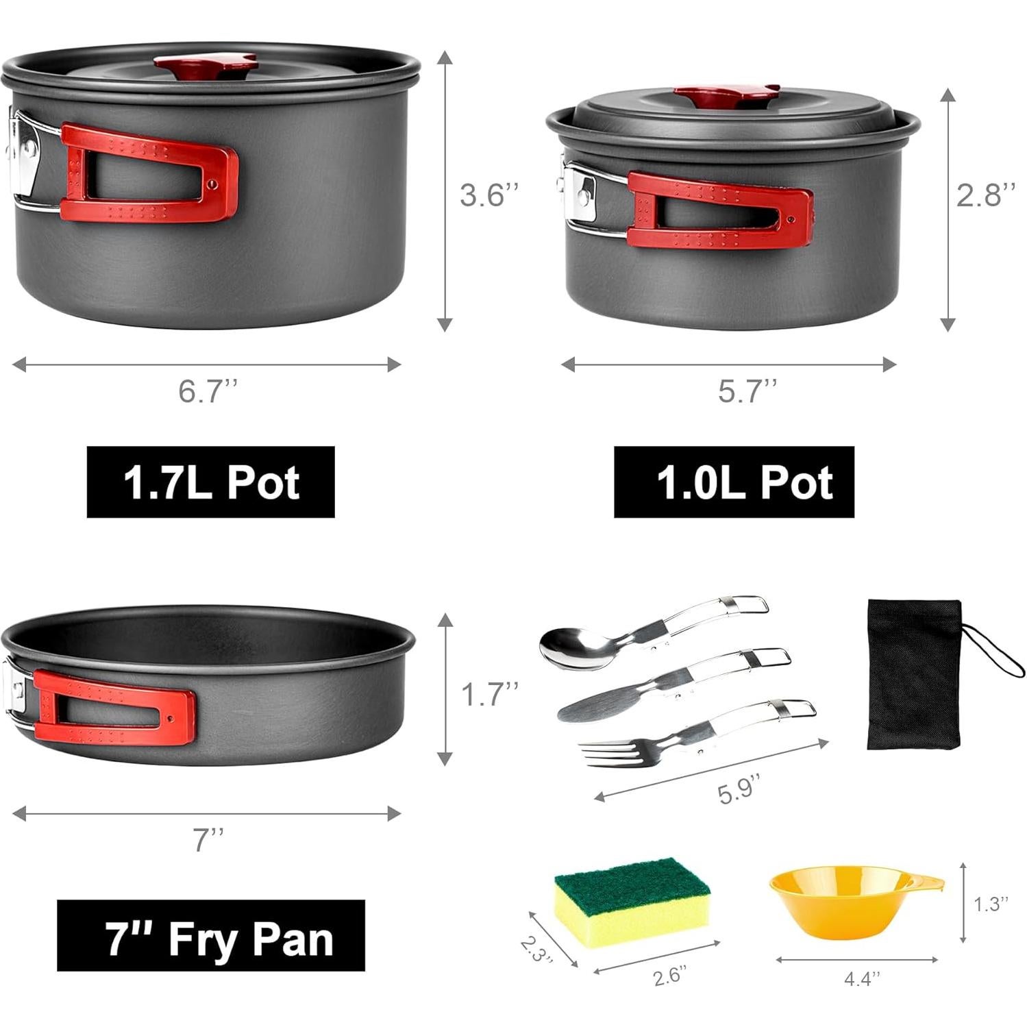 Set de Cocina para Camping Alocs 13 Piezas Aluminio 1.7L 1L