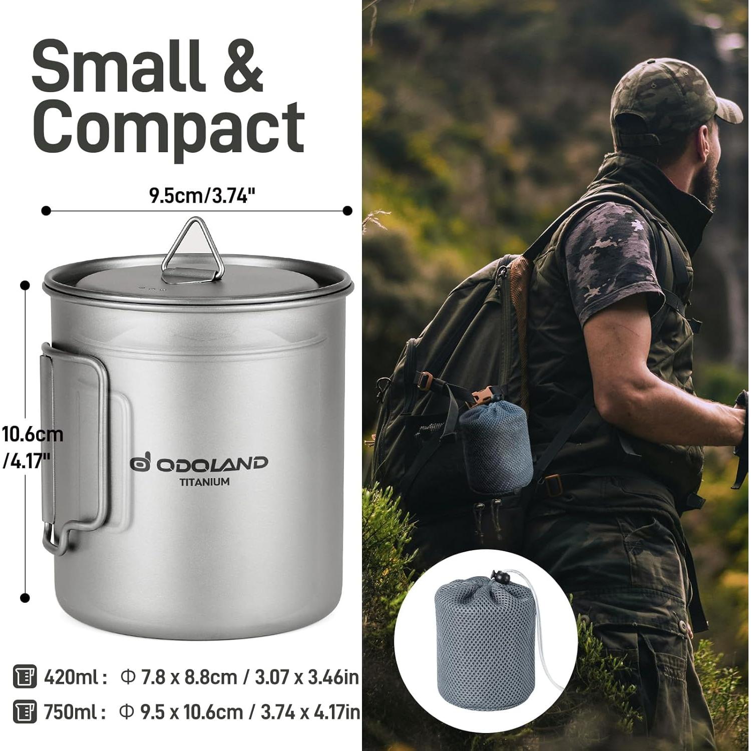 Olla de Camping Titanio Odoland 420ml y 750ml con Tapa y Cuchara