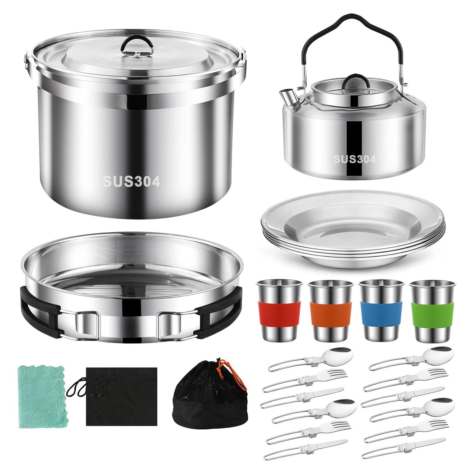 Camping Cookware Mess Kit,304 Stainless Steel Camping Cooking Set,Camping Pot and Pan Set with Blows Cups Plates Forks Knives Spoons for Hiking, Picnic, Camping for 4 People