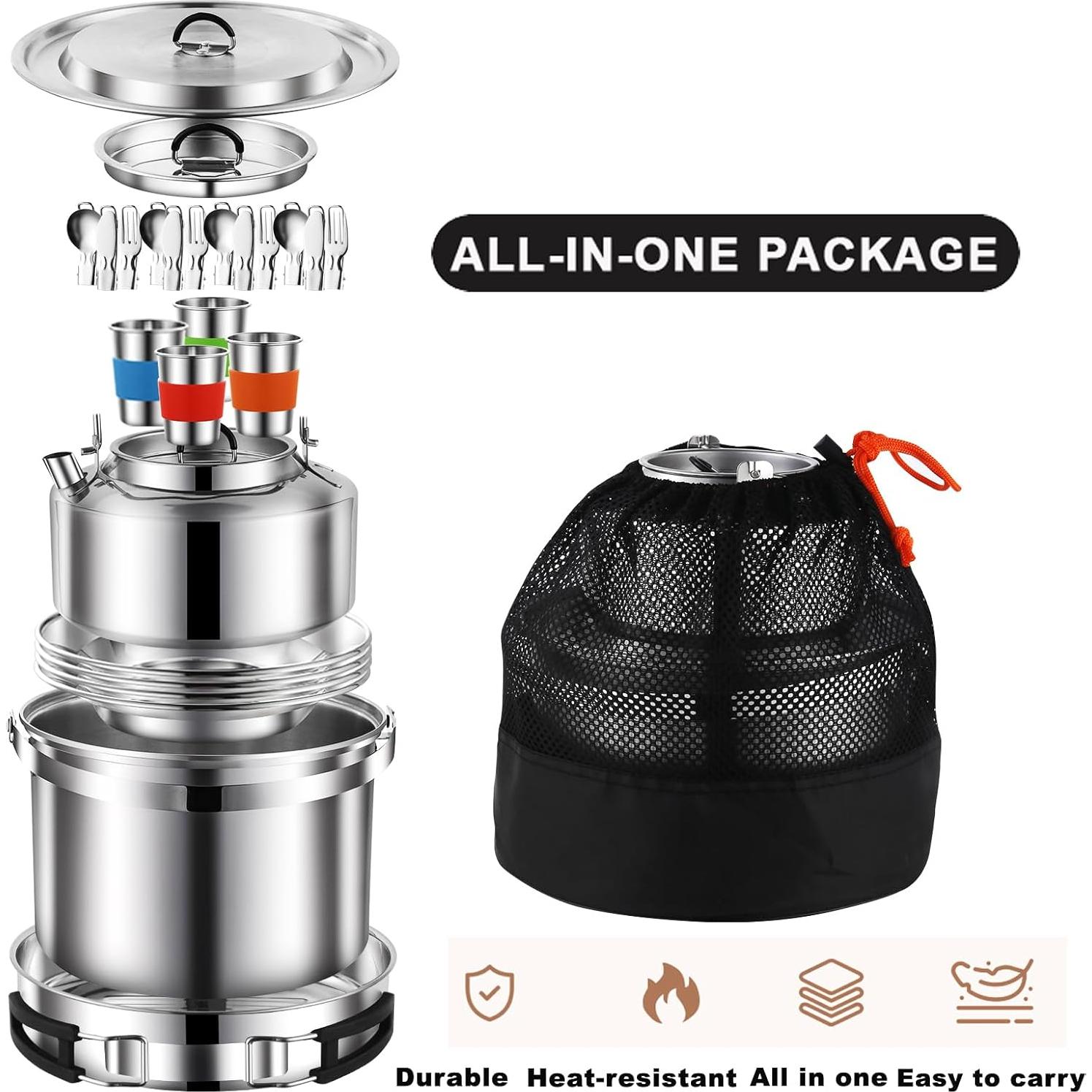 Camping Cookware Mess Kit,304 Stainless Steel Camping Cooking Set,Camping Pot and Pan Set with Blows Cups Plates Forks Knives Spoons for Hiking, Picnic, Camping for 4 People