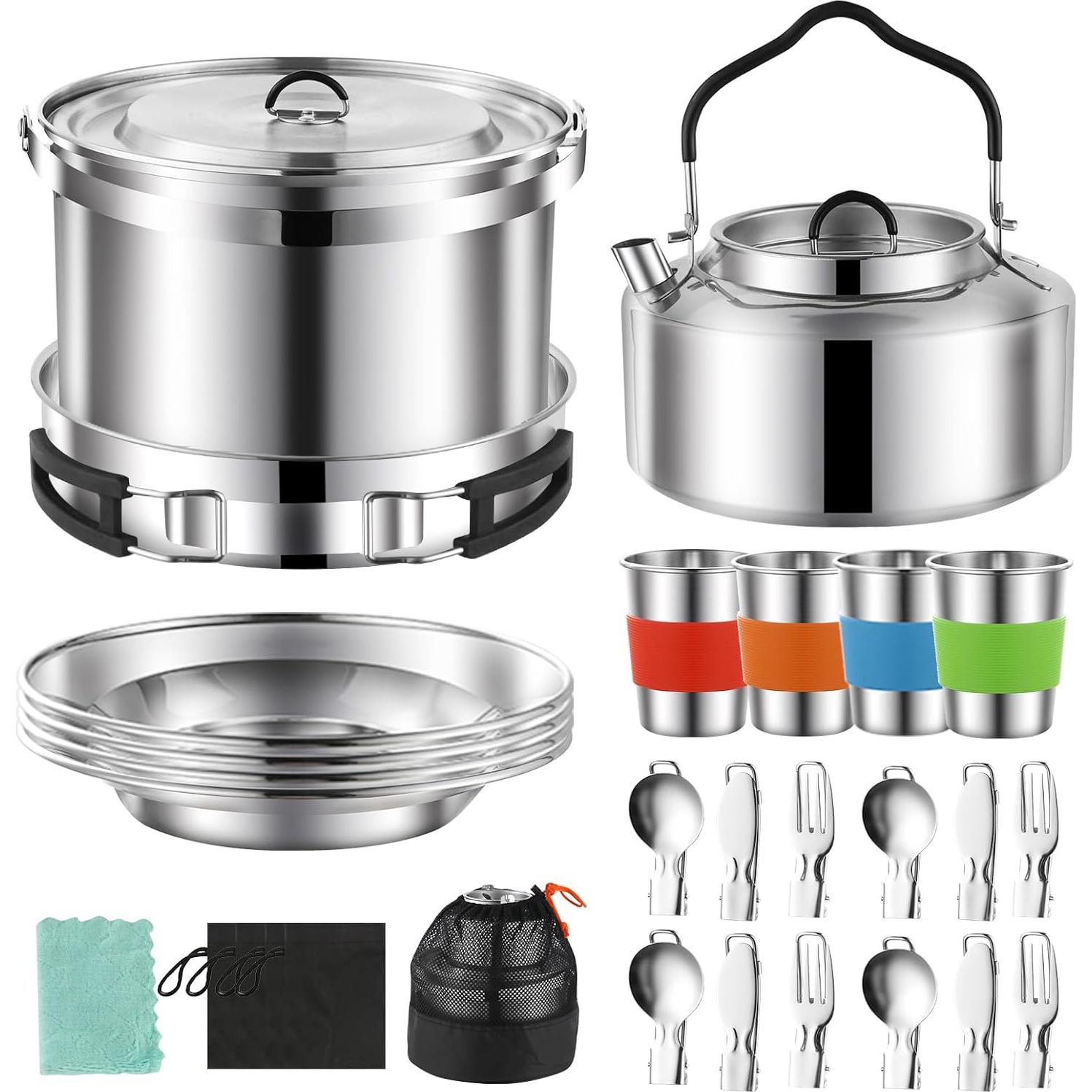 Camping Cookware Mess Kit,304 Stainless Steel Camping Cooking Set,Camping Pot and Pan Set with Blows Cups Plates Forks Knives Spoons for Hiking, Picnic, Camping for 4 People