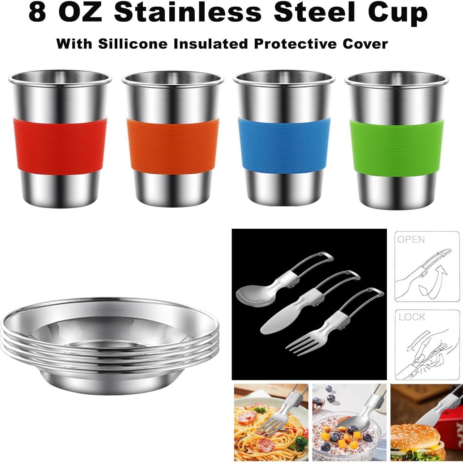 Camping Cookware Mess Kit,304 Stainless Steel Camping Cooking Set,Camping Pot and Pan Set with Blows Cups Plates Forks Knives Spoons for Hiking, Picnic, Camping for 4 People