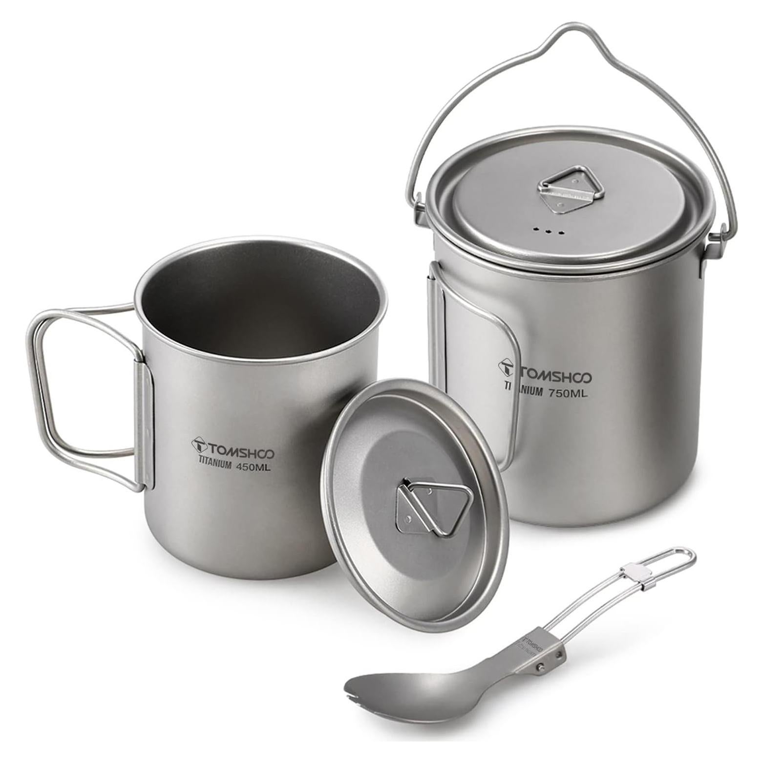 Olla de Titanio TOMSHOO 750mL con Taza y Cuchara Plegable