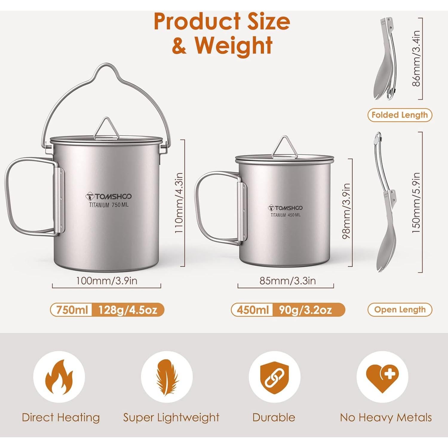 Olla de Titanio TOMSHOO 750mL con Taza y Cuchara Plegable