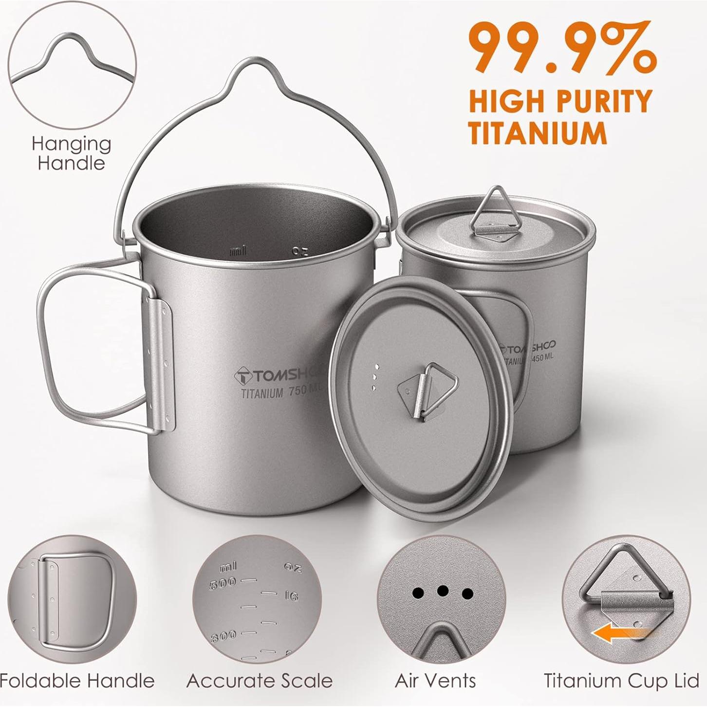 Olla de Titanio TOMSHOO 750mL con Taza y Cuchara Plegable