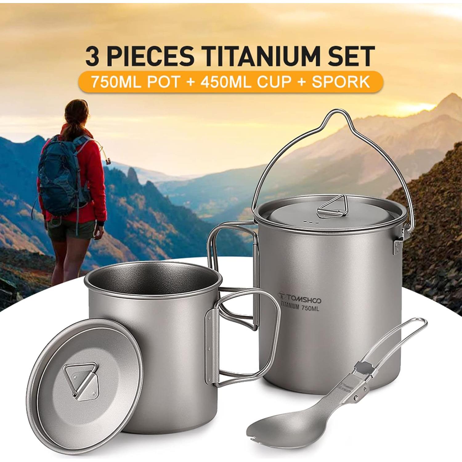 Olla de Titanio TOMSHOO 750mL con Taza y Cuchara Plegable