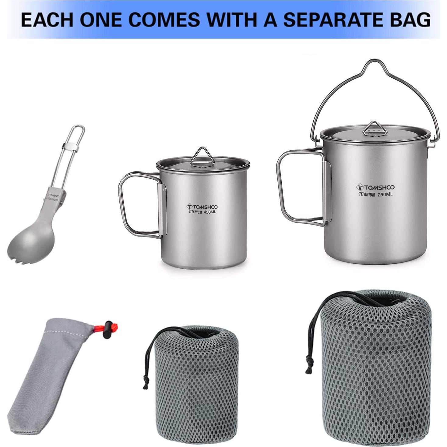 Olla de Titanio TOMSHOO 750mL con Taza y Cuchara Plegable