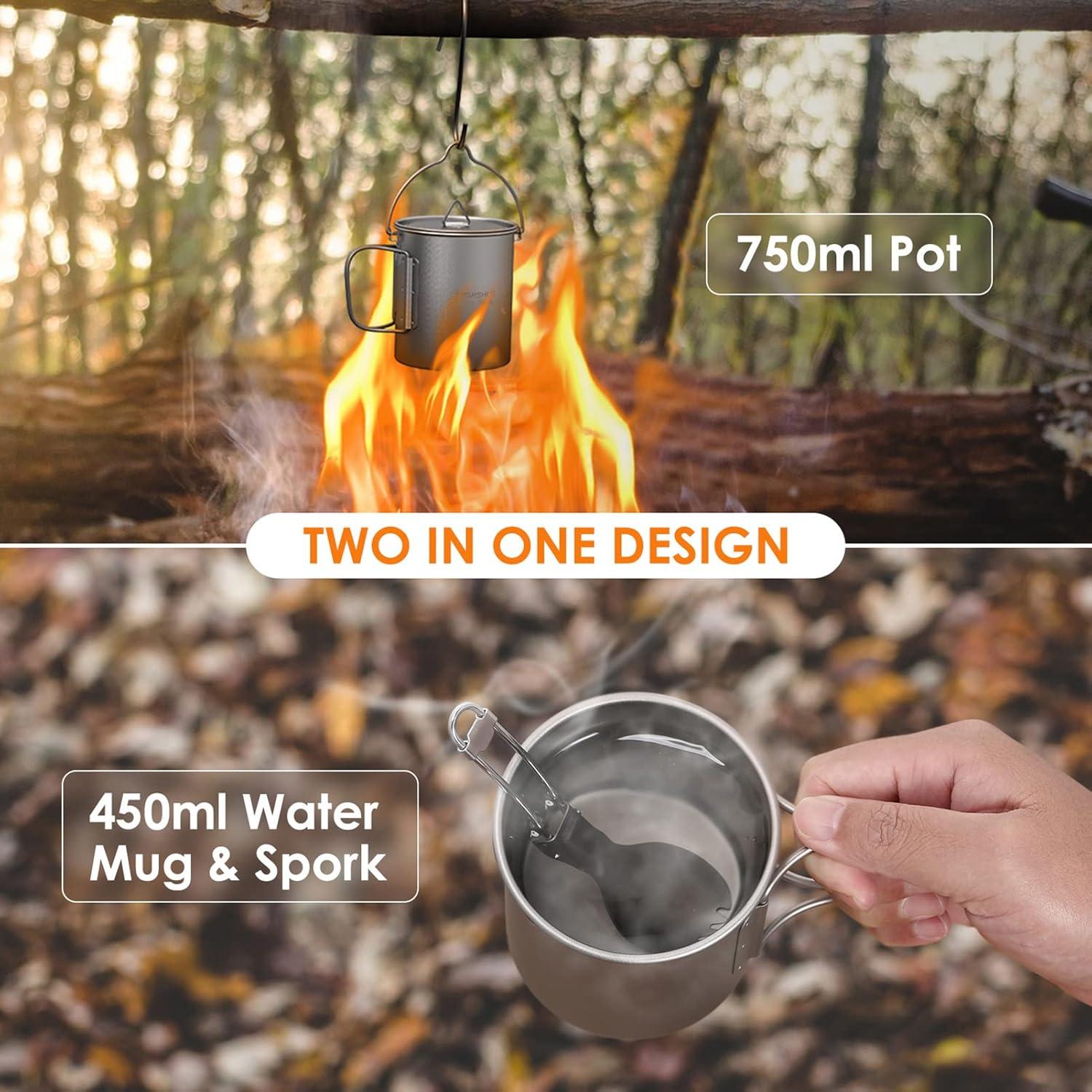Olla de Titanio TOMSHOO 750mL con Taza y Cuchara Plegable