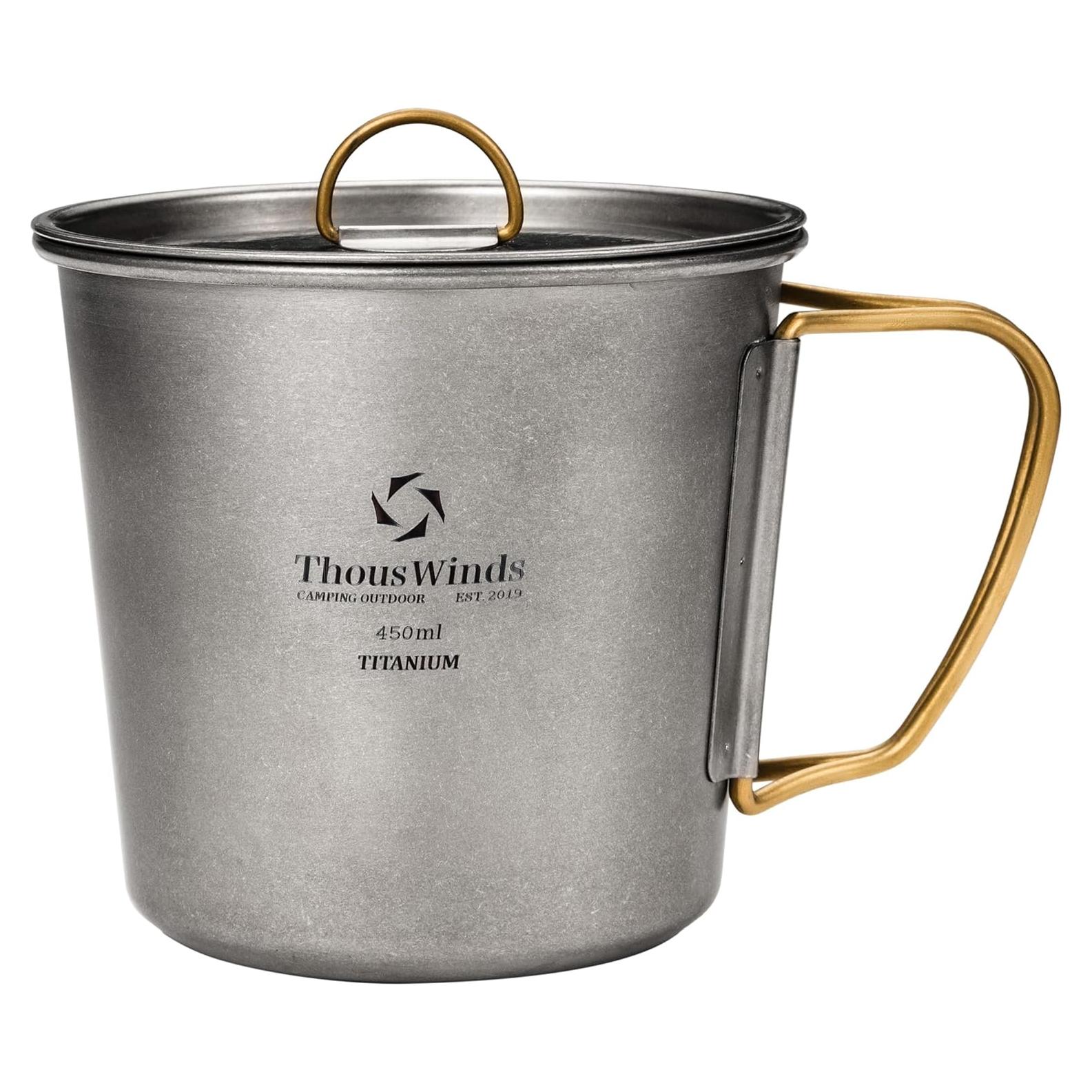 Titanium Mug, 450ml 15oz, Camping Coffee Cup with Foldable Handle and Lid, Lightweight Cup for Outdoor Backpacking Hiking