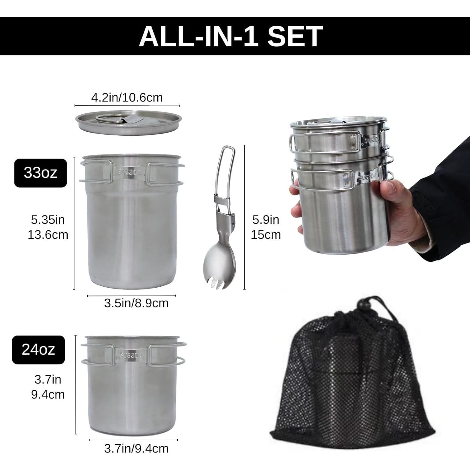 Juego de Tazas de Camping BeGrit Acero Inoxidable 304 3 en 1