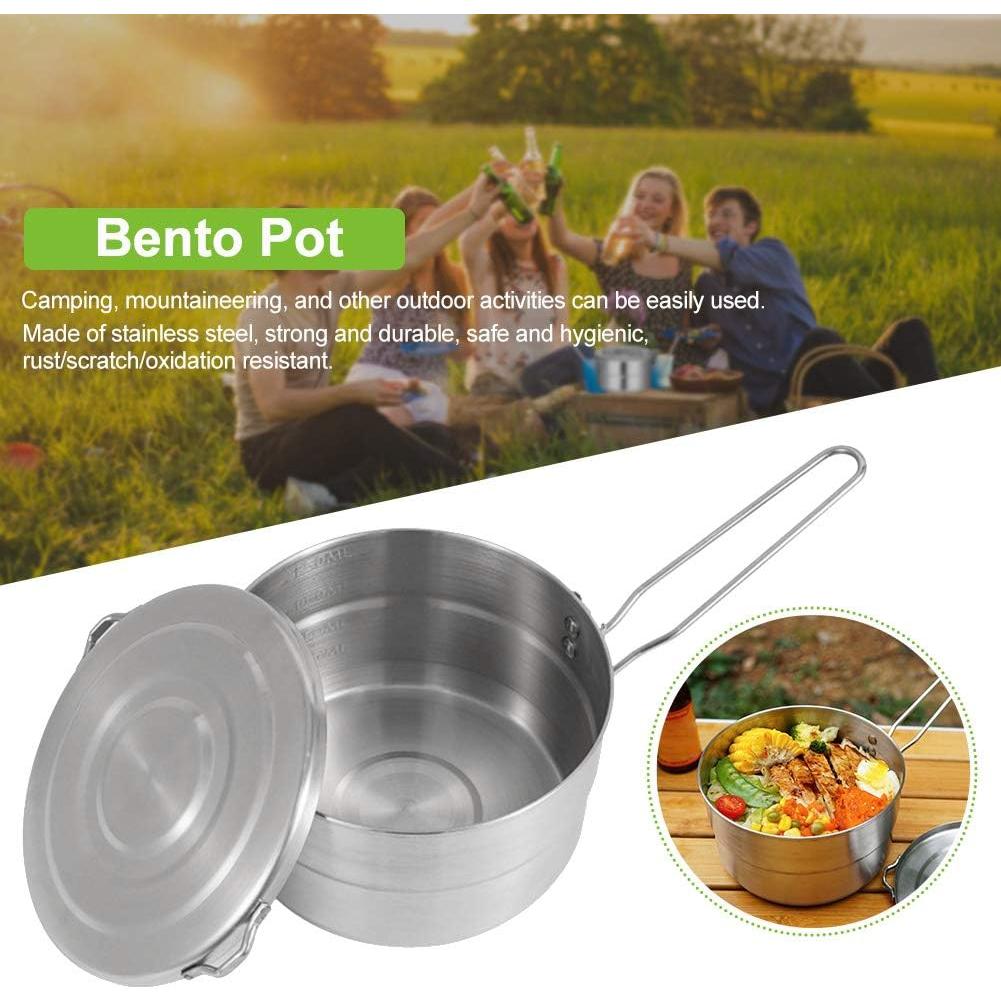 DenpenTEC Stainless Steel Cook Pot with Lid and Folding Handle - 1.5L Large Capacity Bento Pot for Camping and Hiking