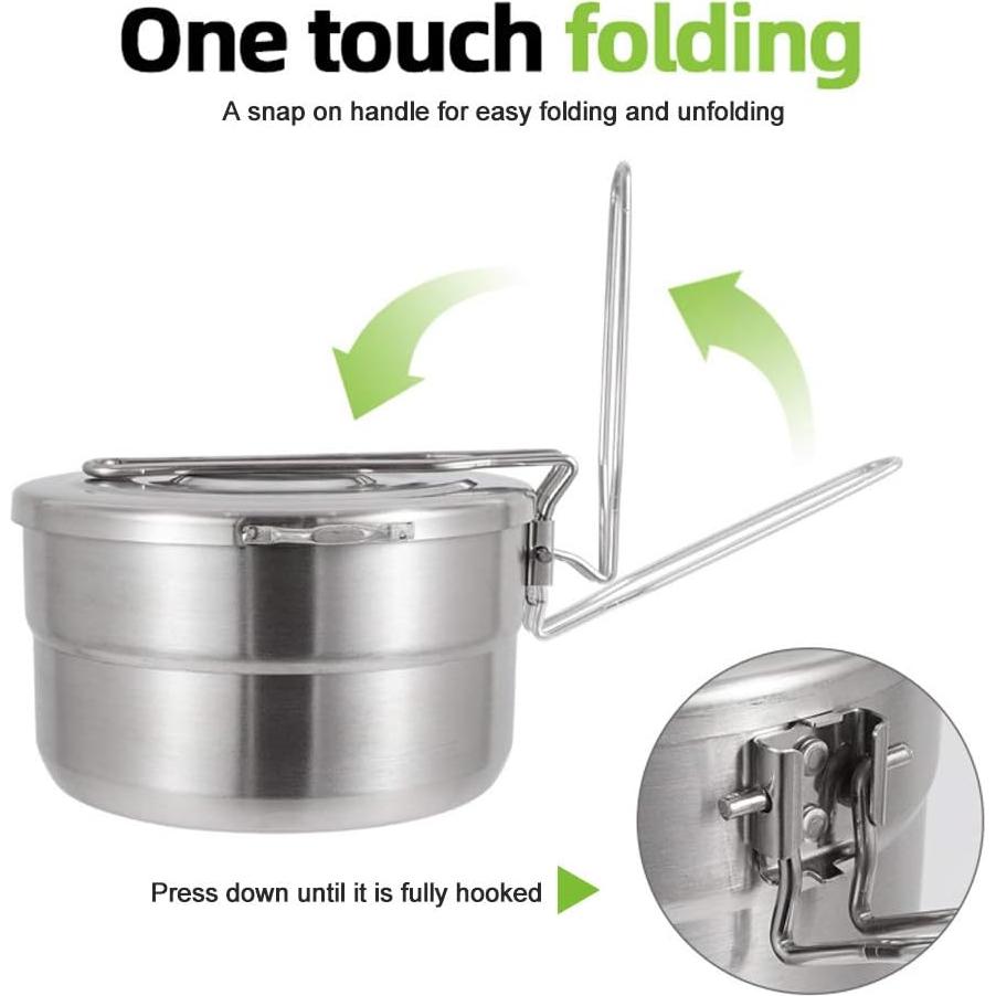 DenpenTEC Stainless Steel Cook Pot with Lid and Folding Handle - 1.5L Large Capacity Bento Pot for Camping and Hiking
