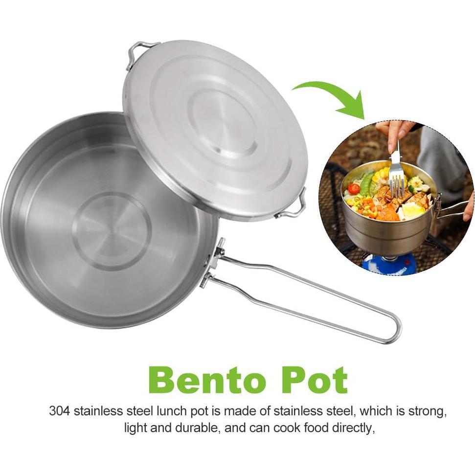 DenpenTEC Stainless Steel Cook Pot with Lid and Folding Handle - 1.5L Large Capacity Bento Pot for Camping and Hiking