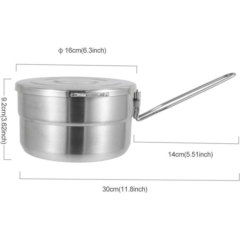 DenpenTEC Stainless Steel Cook Pot with Lid and Folding Handle - 1.5L Large Capacity Bento Pot for Camping and Hiking
