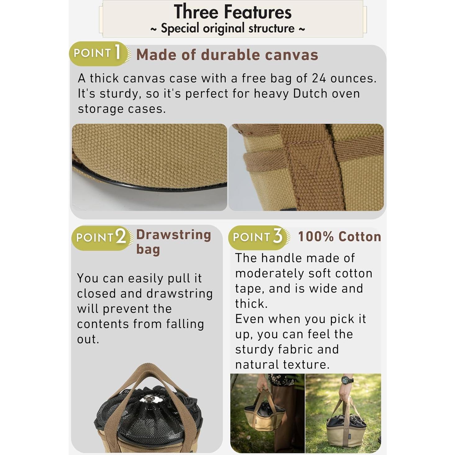 Dutch Oven Bag for 8-inch Dutch Oven w/o Feet Canvas Extra Thick Round Cooking System Storage Bag Stock Pot Case DO-27-BK