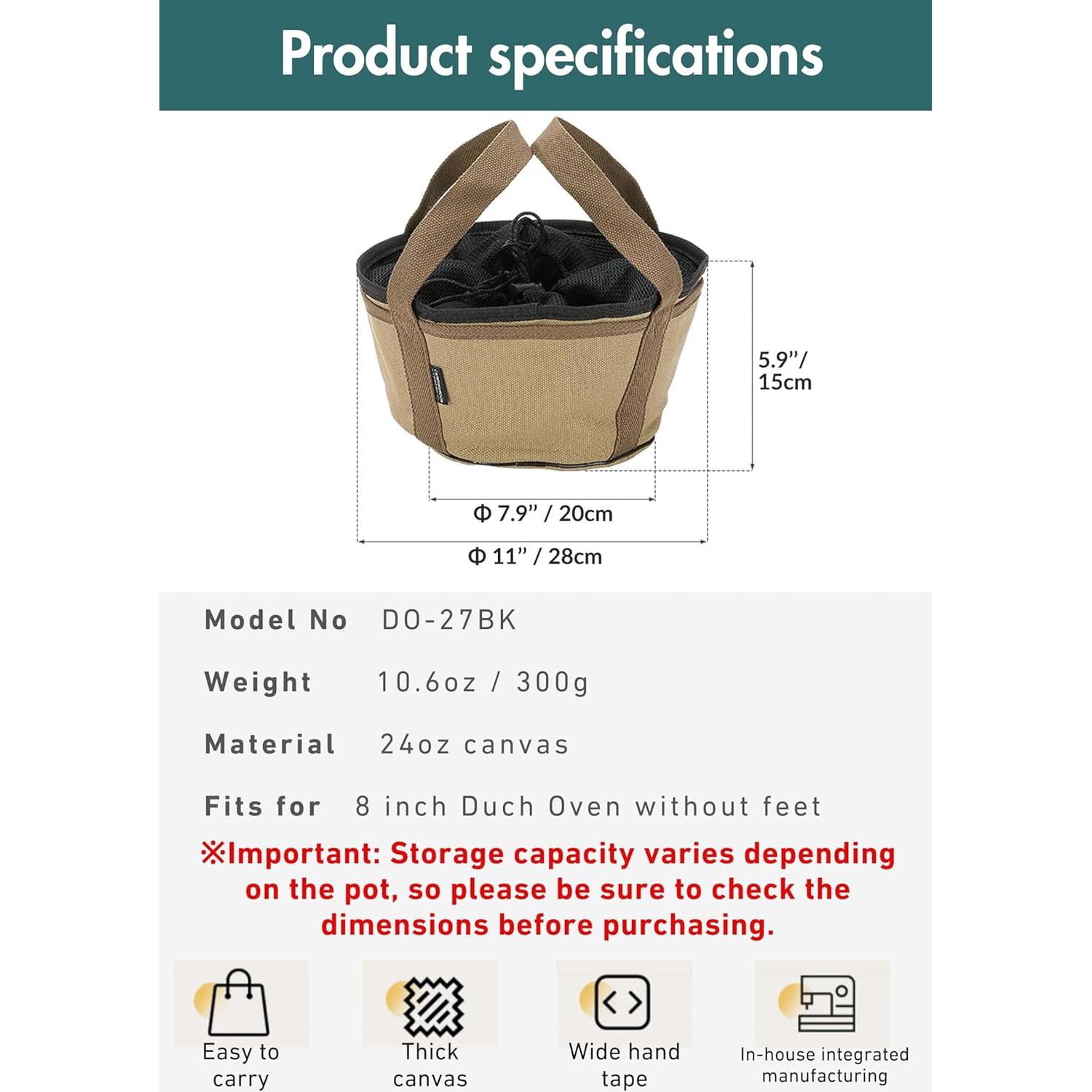 Dutch Oven Bag for 8-inch Dutch Oven w/o Feet Canvas Extra Thick Round Cooking System Storage Bag Stock Pot Case DO-27-BK