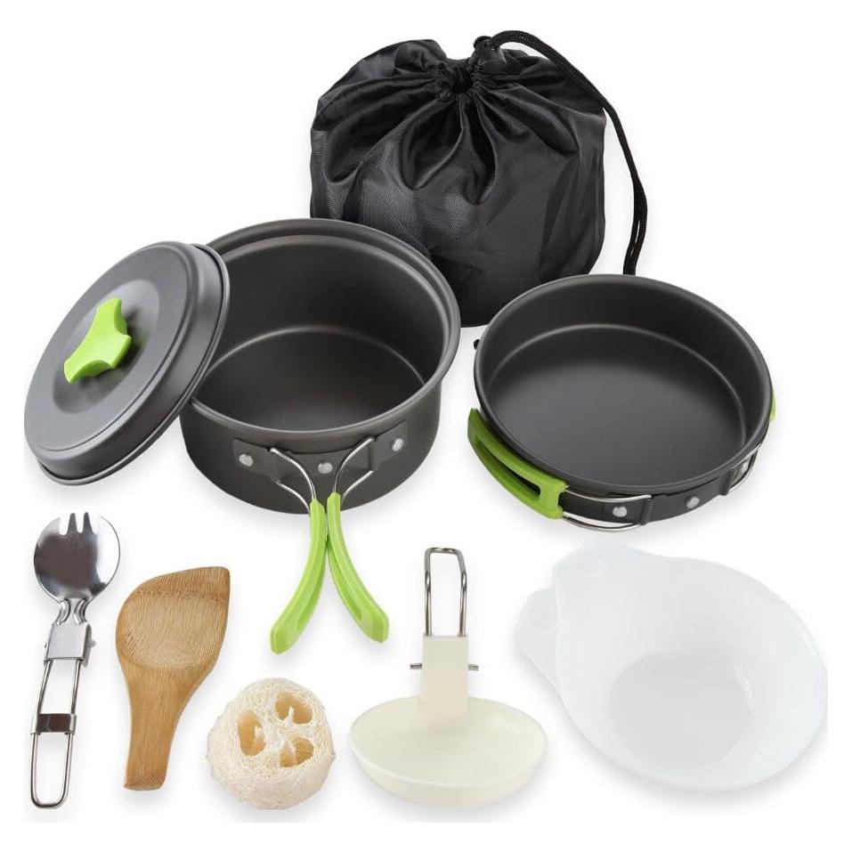 EatingBiting 10pcs Camping Cookware Mess Kit for Backpacking Gear Cooking Pots and Pans Set Backpacking Stove/Portable Stove Compatible Camp Kitchen Pot Utensils Camp Kitchen Equipment Accessories