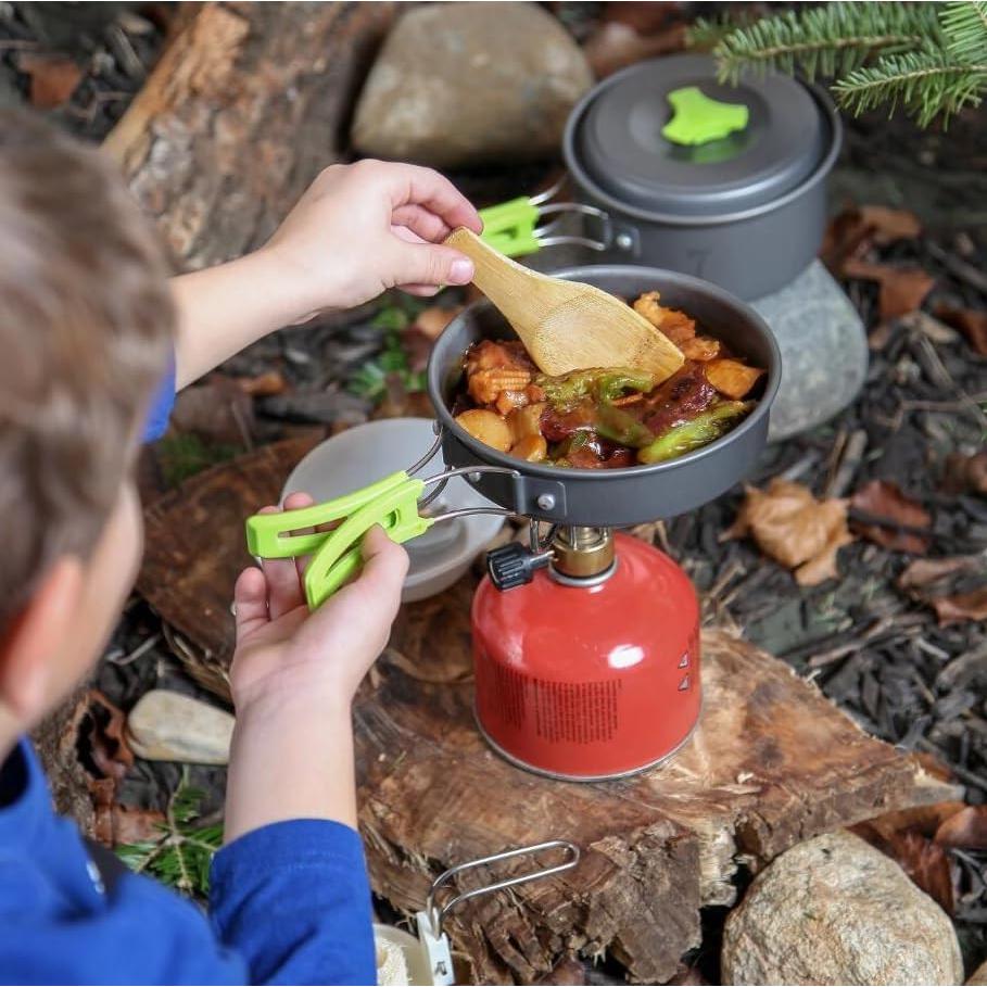 EatingBiting 10pcs Camping Cookware Mess Kit for Backpacking Gear Cooking Pots and Pans Set Backpacking Stove/Portable Stove Compatible Camp Kitchen Pot Utensils Camp Kitchen Equipment Accessories