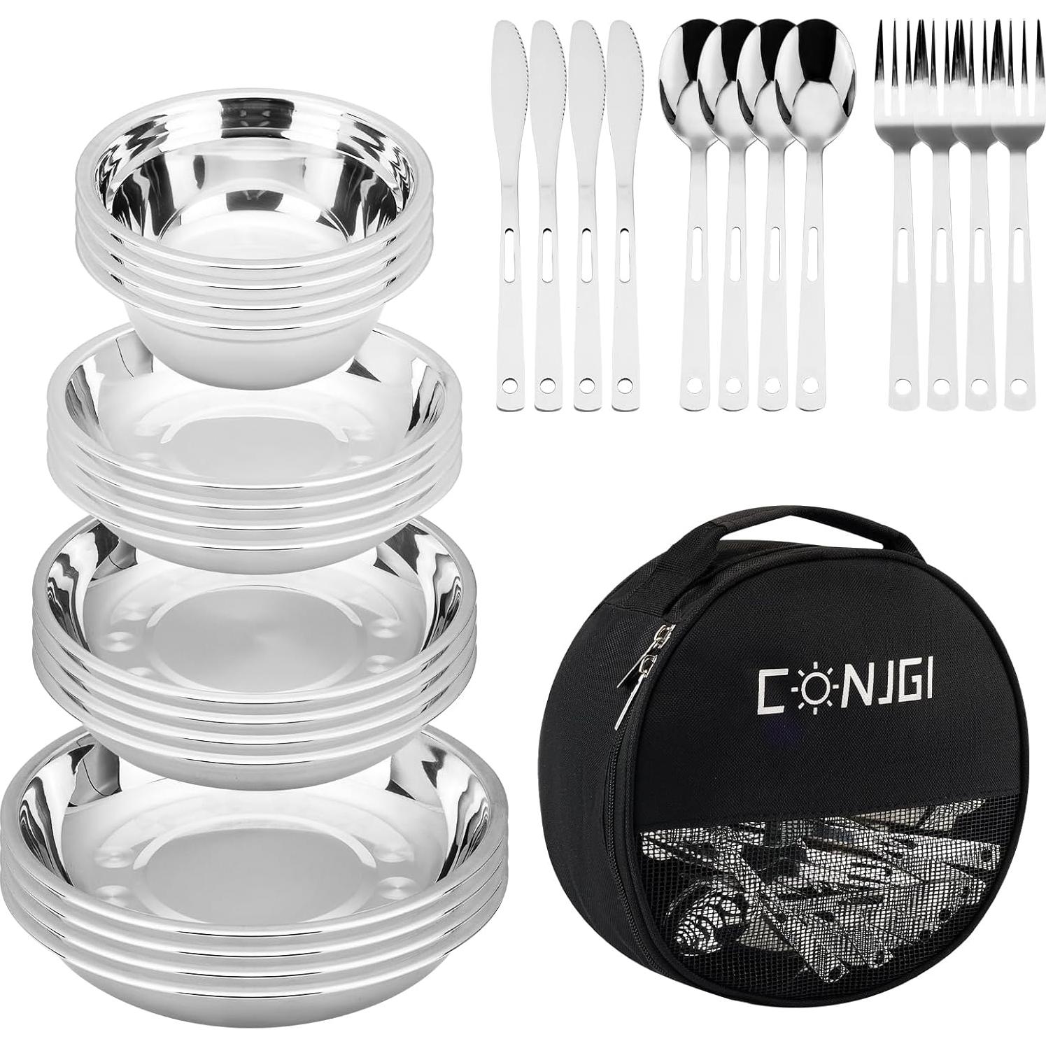 Set de Vajilla de Camping 28 Piezas CONJGI Acero Inoxidable