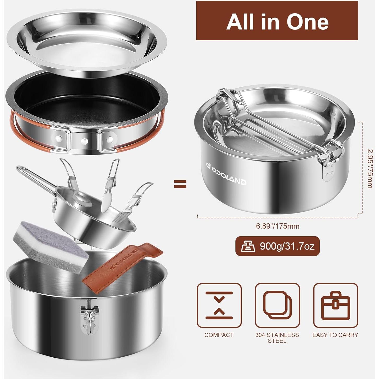 Set de Camping Odoland 10 Piezas Acero Inoxidable 1.3L