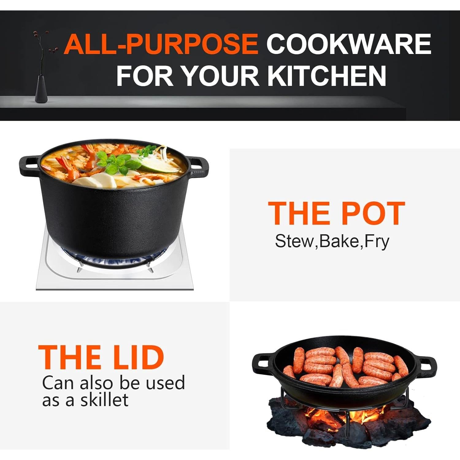 2 in 1 Pre Seasoned Dutch Oven with Skillet Lid for Induction, Electric, Grill, Stovetop, BBQ, Camping (5 Quart)