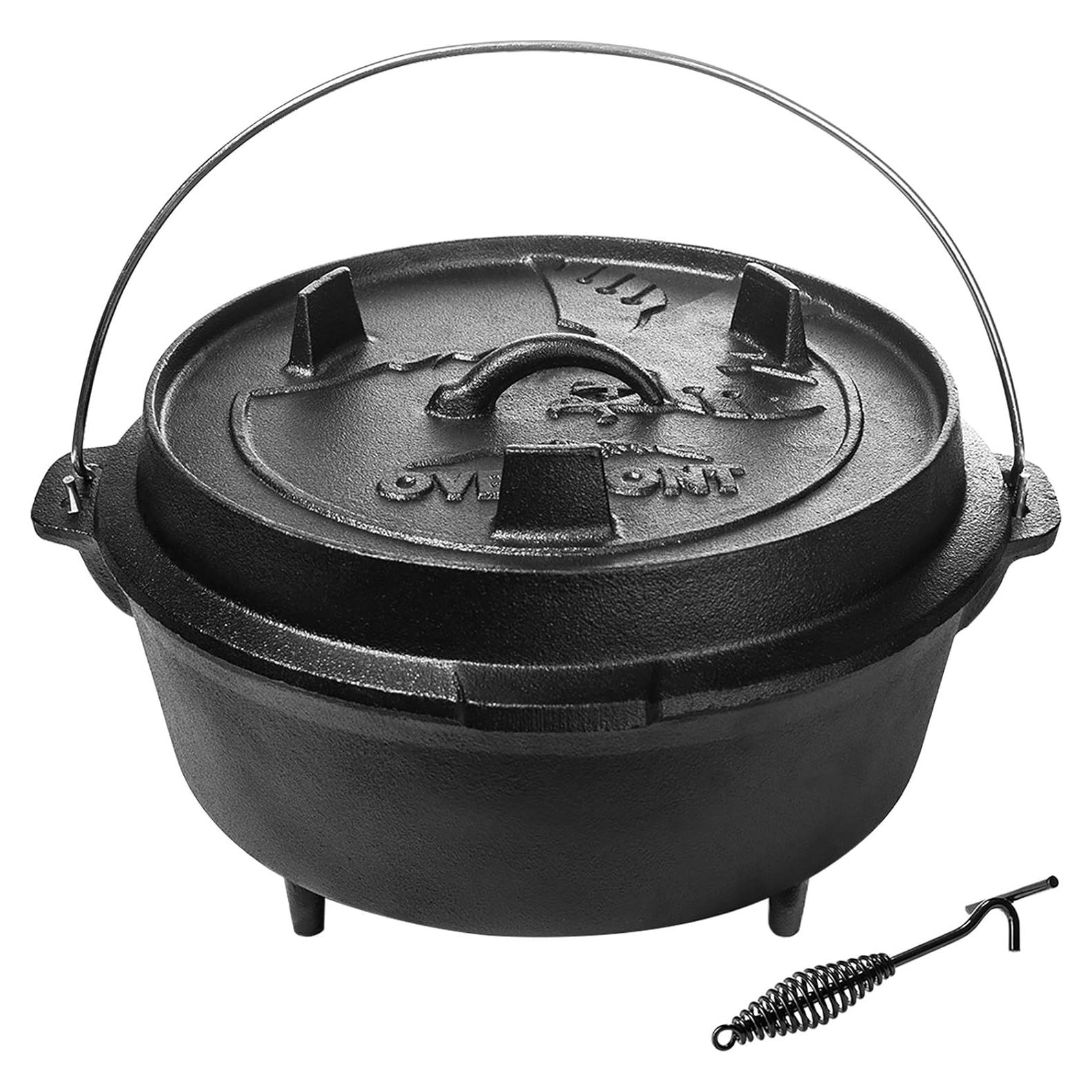 Camp Dutch Oven Pre Seasoned Cast Iron Lid Also a Skillet Casserole Pot with Lid Lifter for Camping Cooking BBQ Baking 9QT(Pot+Lid)