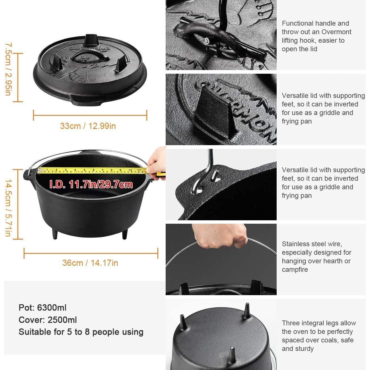 Camp Dutch Oven Pre Seasoned Cast Iron Lid Also a Skillet Casserole Pot with Lid Lifter for Camping Cooking BBQ Baking 9QT(Pot+Lid)