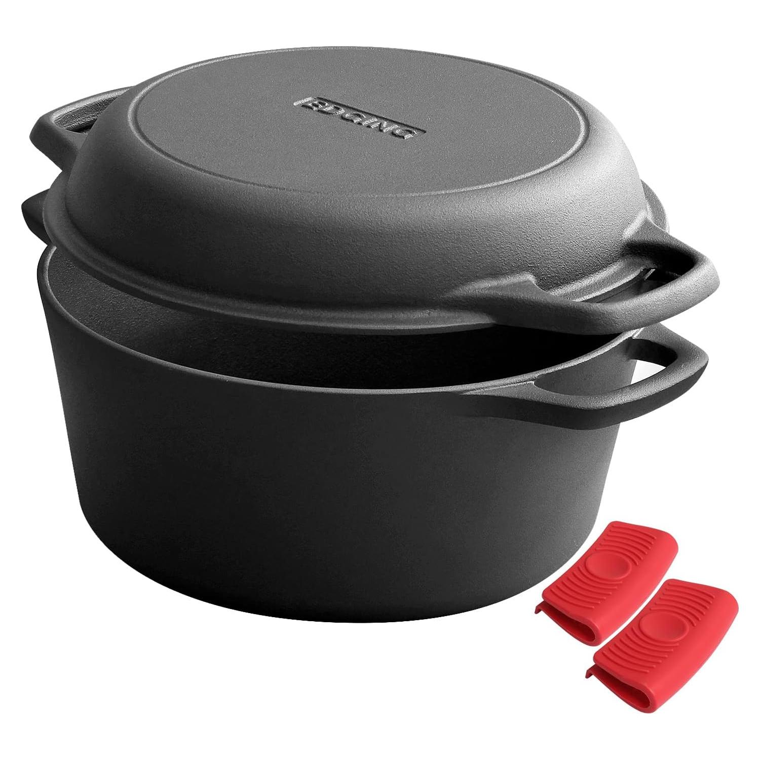 2-in-1 Pre-Seasoned Cast Iron Dutch Oven Pot with Skillet Lid Cooking Pan, Cast Iron Skillet Cookware Pan Set with Dual Handles Indoor Outdoor for Bread, Frying, Baking, Camping, 7QT