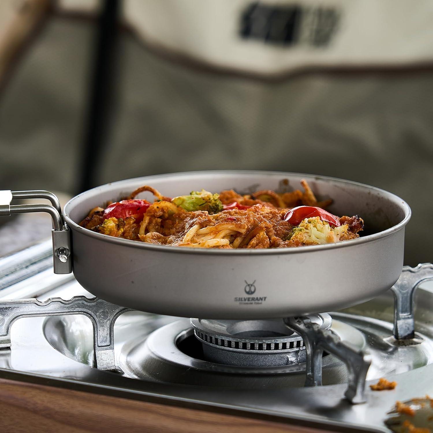 Camping Plate Titanium Pan Dish Plate with Handle & Mesh Bag, Large Reuseable Ultralight Dinner Plate for Camping Outdoors Backpacking (750ML)