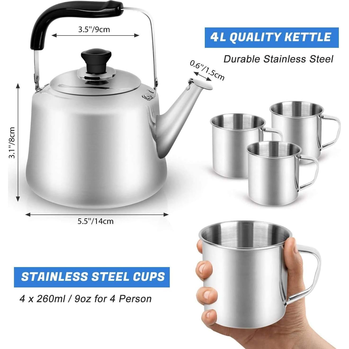 Set de Tetera de Camping Odoland 4L con 4 Tazas Acero Inoxidable