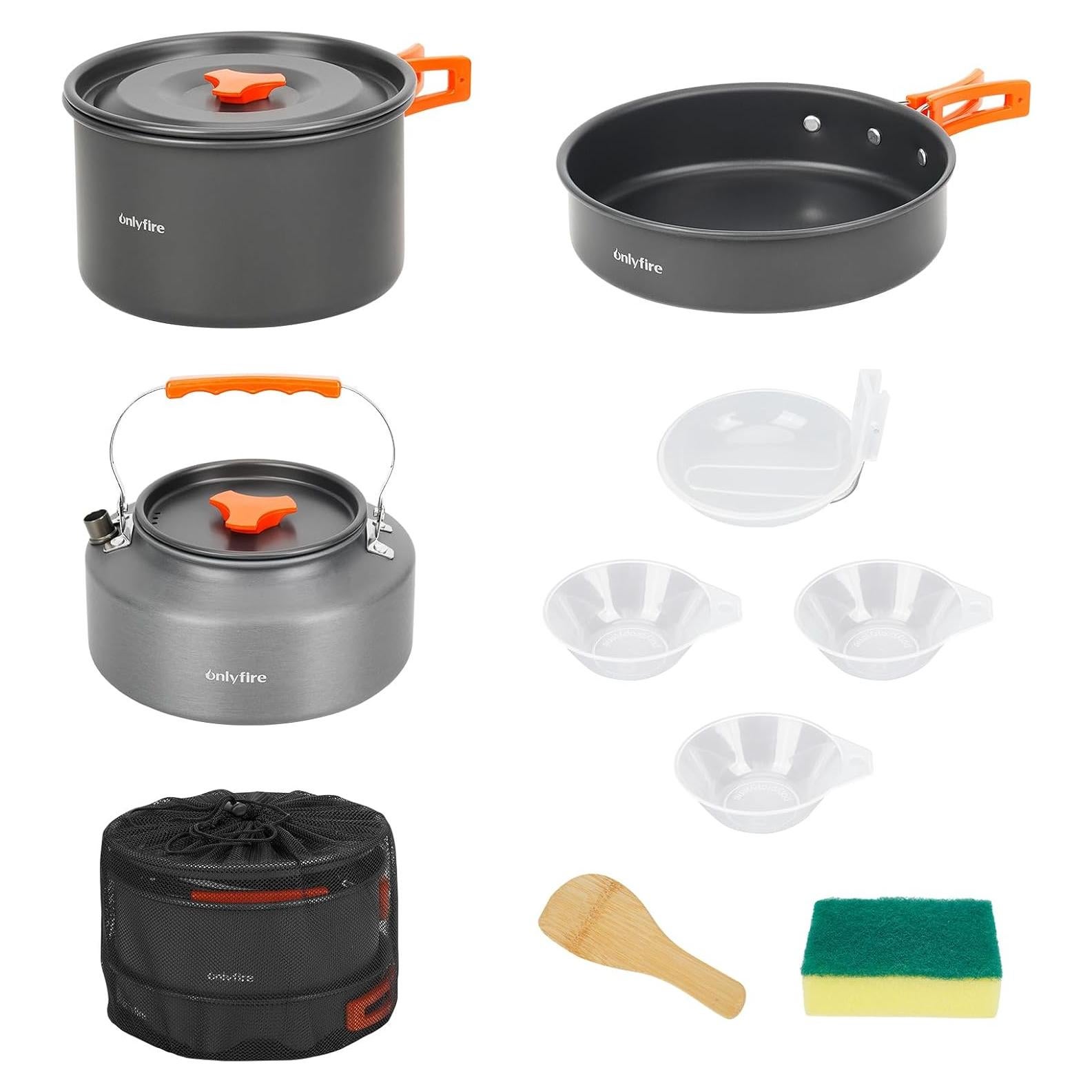 Onlyfire 10pcs Camping Cookware Mess Kit, Non-Stick Lightweight Pot Pan Kettle Set with Plates Forks Knives Spoons for Camping, Backpacking, Outdoor Cooking and Picnic CT603