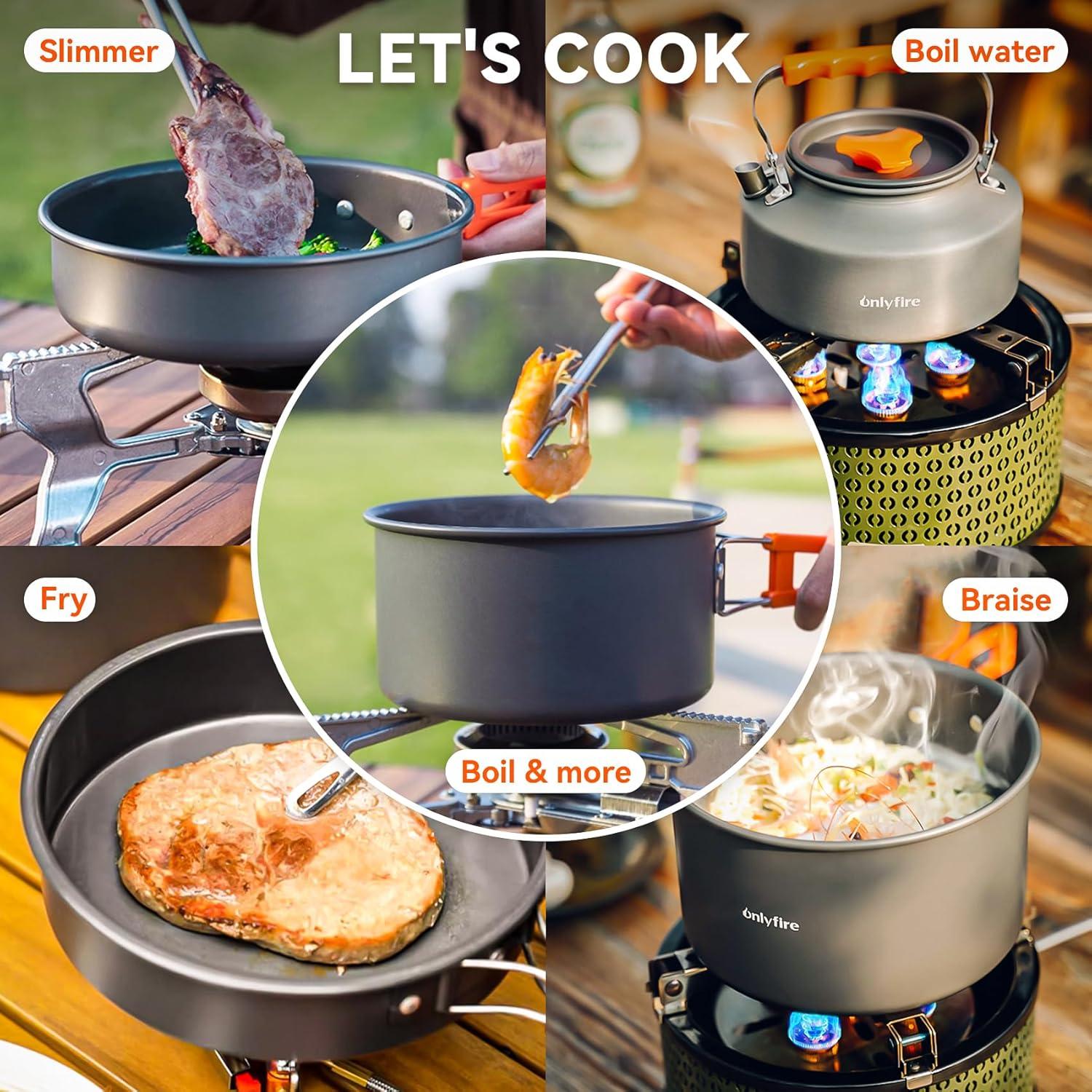 Onlyfire 10pcs Camping Cookware Mess Kit, Non-Stick Lightweight Pot Pan Kettle Set with Plates Forks Knives Spoons for Camping, Backpacking, Outdoor Cooking and Picnic CT603