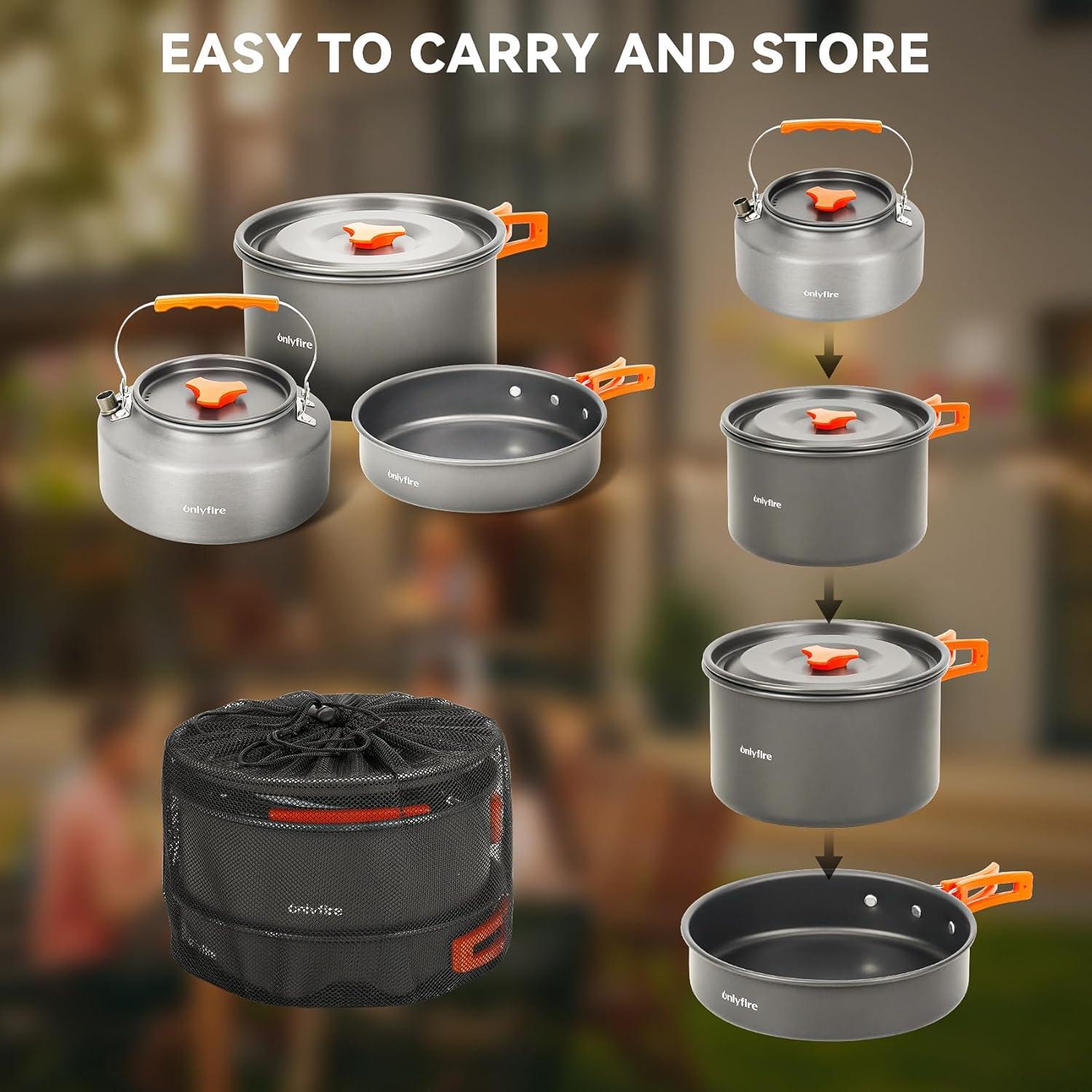 Onlyfire 10pcs Camping Cookware Mess Kit, Non-Stick Lightweight Pot Pan Kettle Set with Plates Forks Knives Spoons for Camping, Backpacking, Outdoor Cooking and Picnic CT603