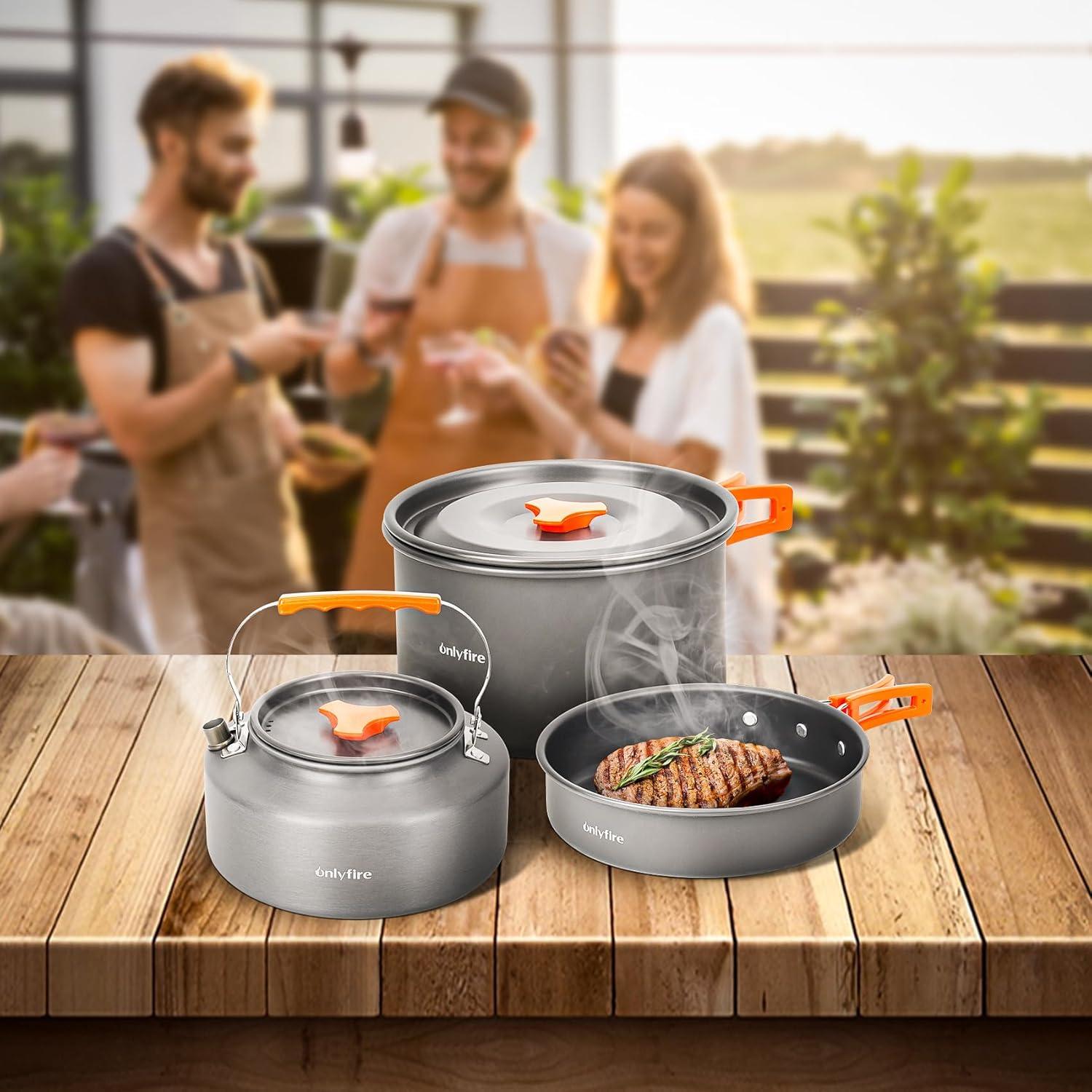 Onlyfire 10pcs Camping Cookware Mess Kit, Non-Stick Lightweight Pot Pan Kettle Set with Plates Forks Knives Spoons for Camping, Backpacking, Outdoor Cooking and Picnic CT603