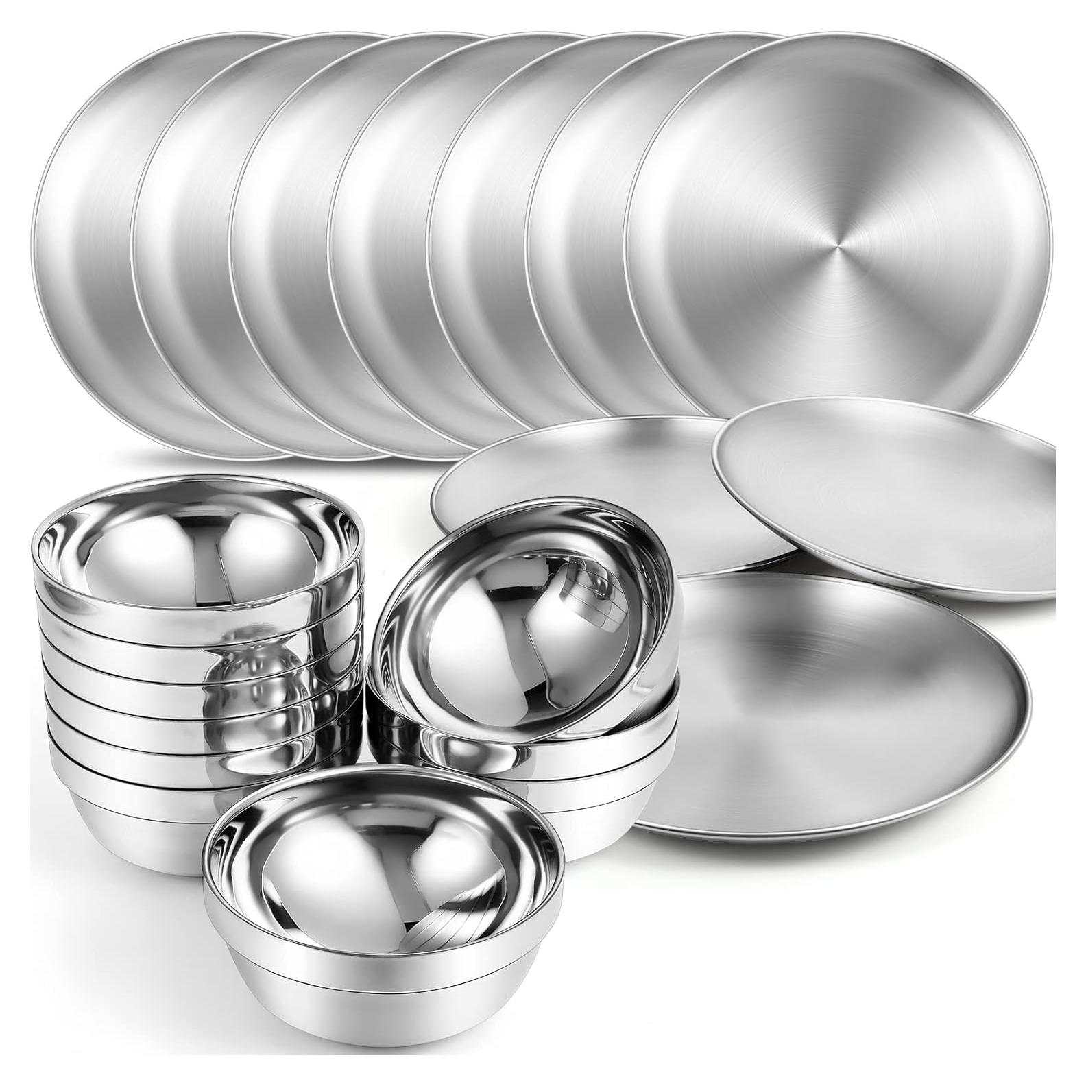 304 Stainless Steel Plates and Bowls Metal Camping Plates Reusable 13 oz Steel Snack Bowls Dinner Dishes Double Walled Insulated Metal Dinnerware(10 Sets,8 x 8 Inch)