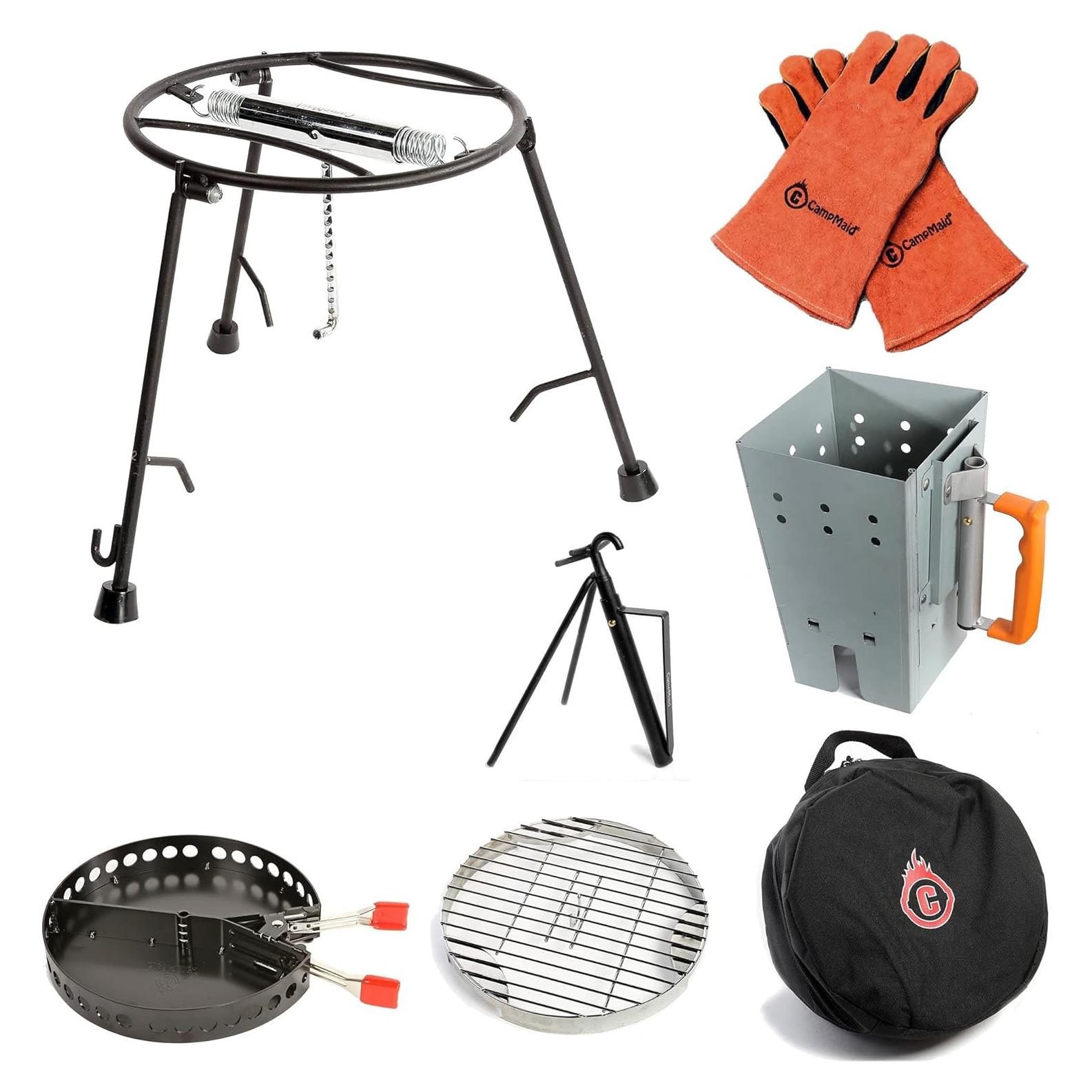 CampMaid Outdoor Cooking Set - Dutch Oven Tools Set - Charcoal Holder & Cast Iron Grill Accessories - Camping Grill Set - Outdoor Cooking Essentials - Camp Kitchen Equipment - (7 Piece Set)