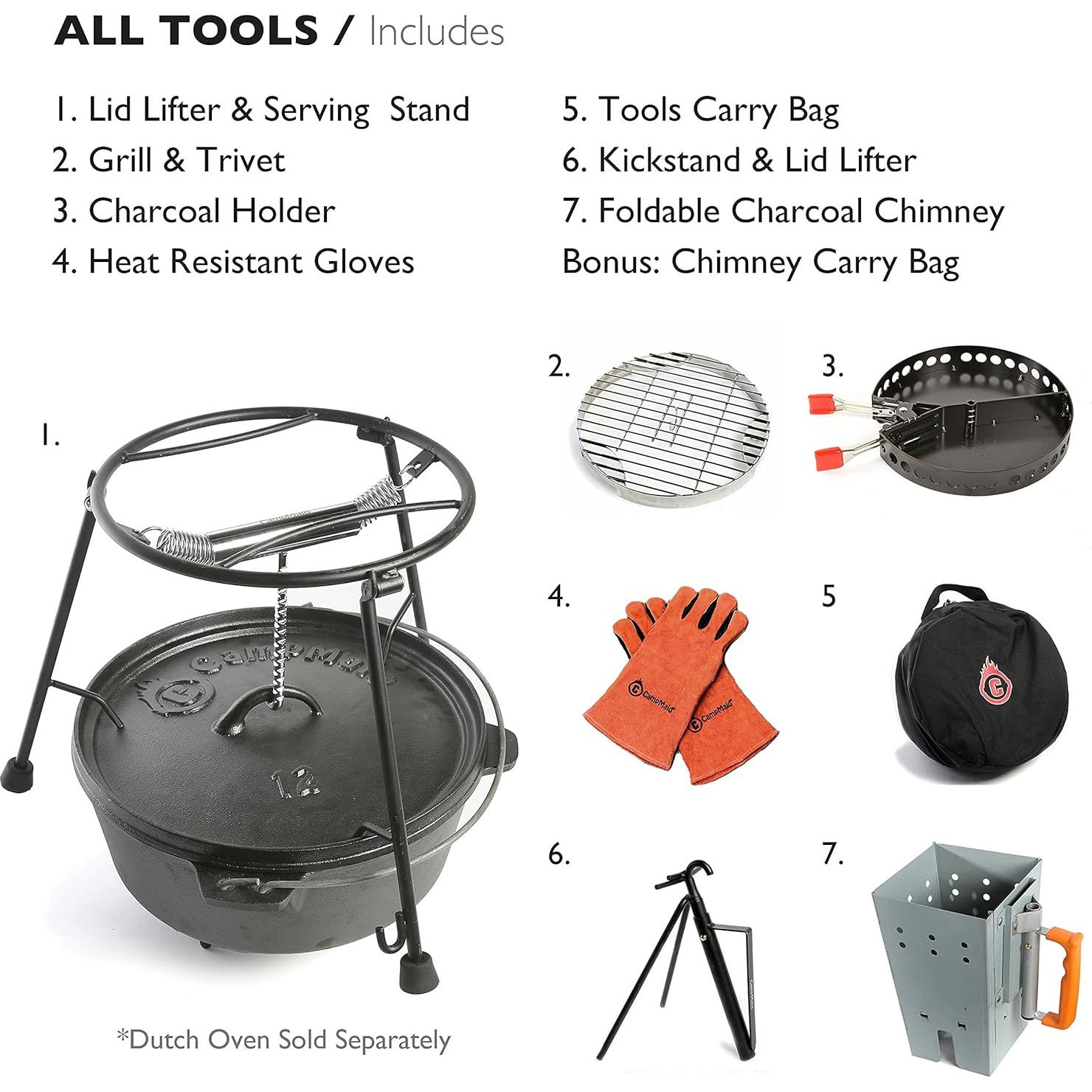 CampMaid Outdoor Cooking Set - Dutch Oven Tools Set - Charcoal Holder & Cast Iron Grill Accessories - Camping Grill Set - Outdoor Cooking Essentials - Camp Kitchen Equipment - (7 Piece Set)