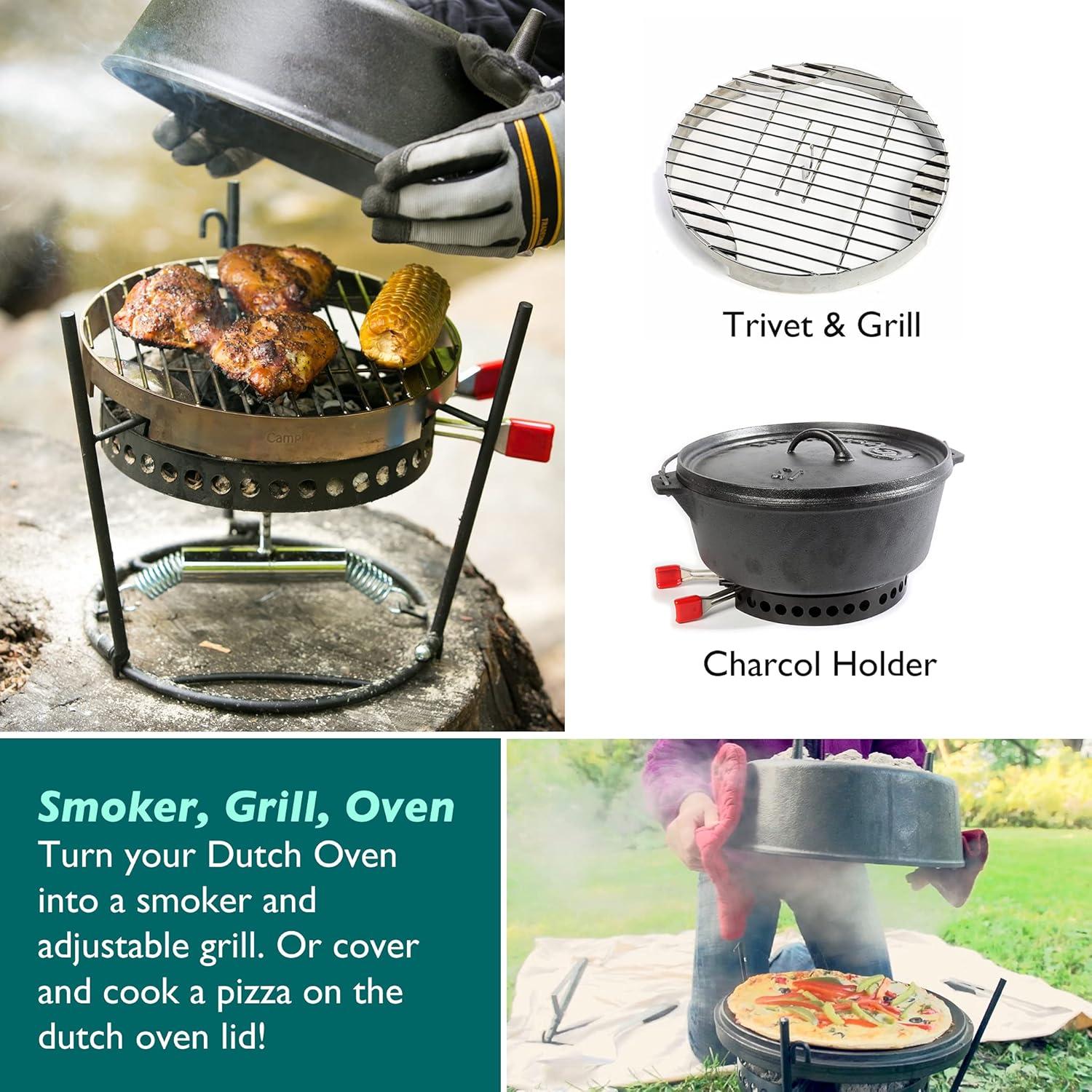 CampMaid Outdoor Cooking Set - Dutch Oven Tools Set - Charcoal Holder & Cast Iron Grill Accessories - Camping Grill Set - Outdoor Cooking Essentials - Camp Kitchen Equipment - (7 Piece Set)