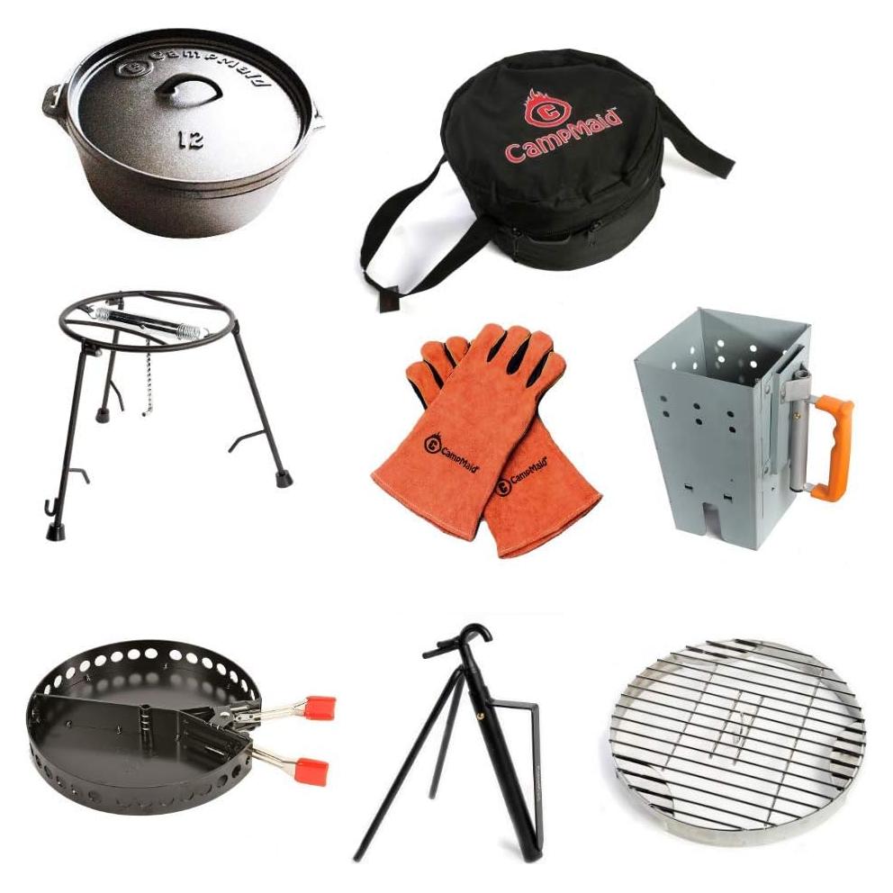 CampMaid Outdoor Cooking Set - Dutch Oven and Tools Set - Charcoal Holder & Cast Iron Grill Accessories - Camping Grill Set - Outdoor Cooking Essentials - Camp Kitchen Equipment - (8 Piece Set)